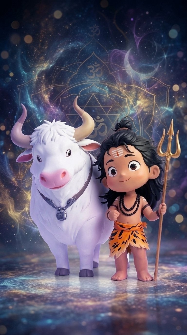 Cute Bal Shiva with Nandi 3D Divine Wallpaper