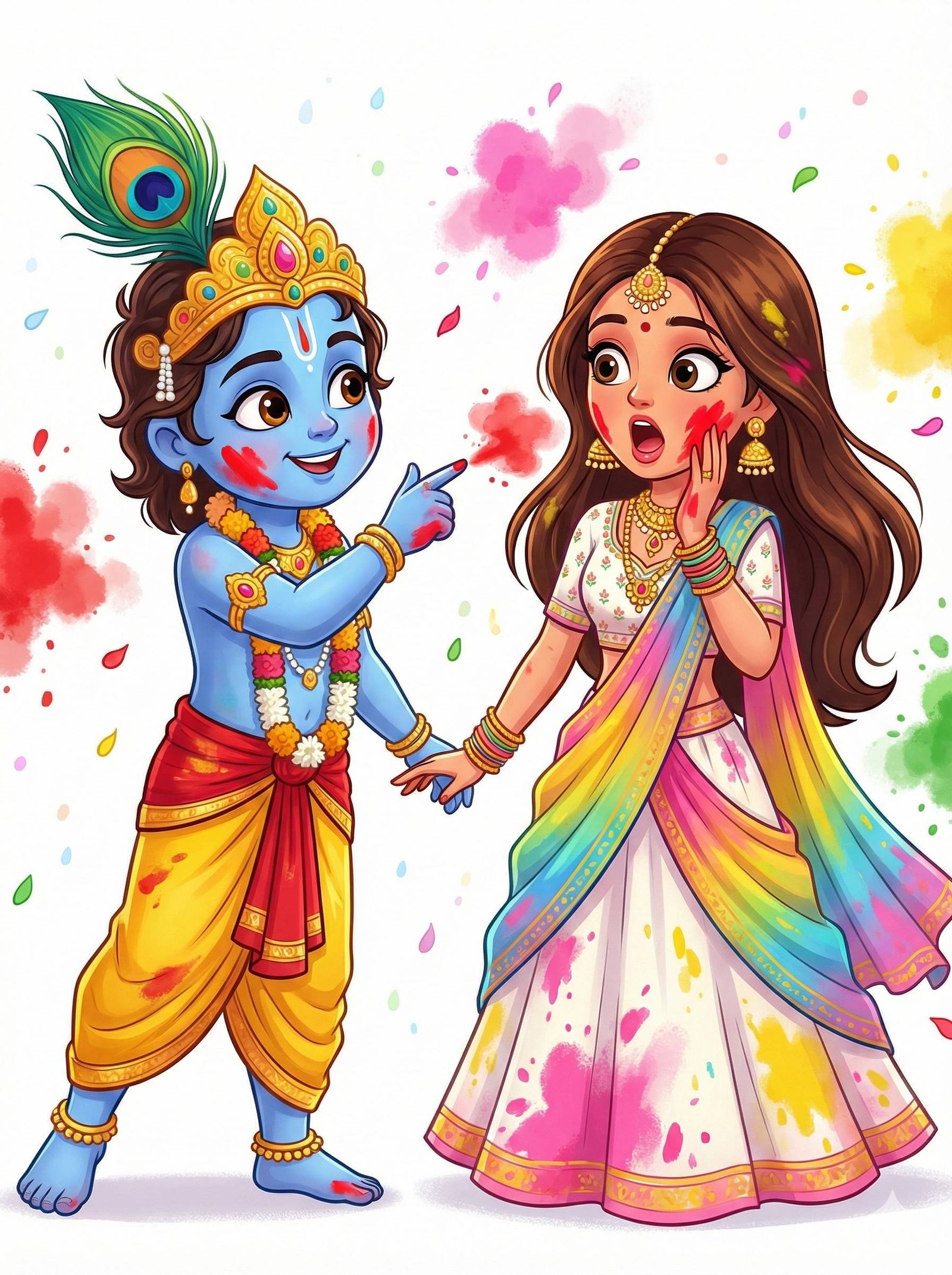 Cute Krishna Playing Holi with Radha Cartoon Wallpaper
