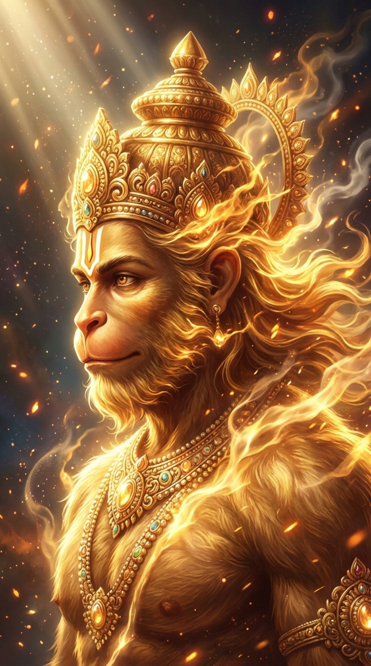 Divine Hanuman Golden Aura Fire Portrait 4K