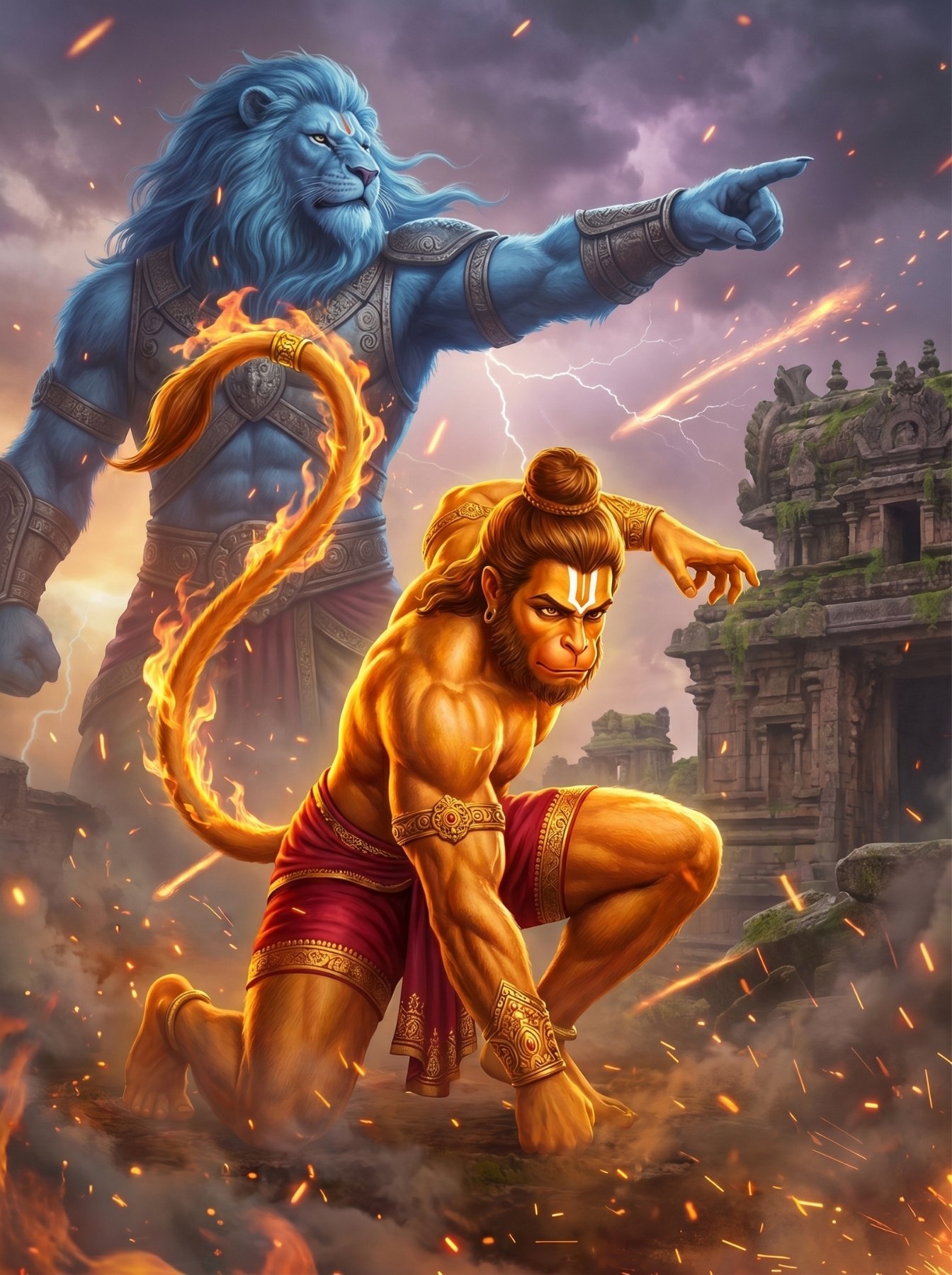 Powerful Hanuman Avatar with Lion Spirit HD Art