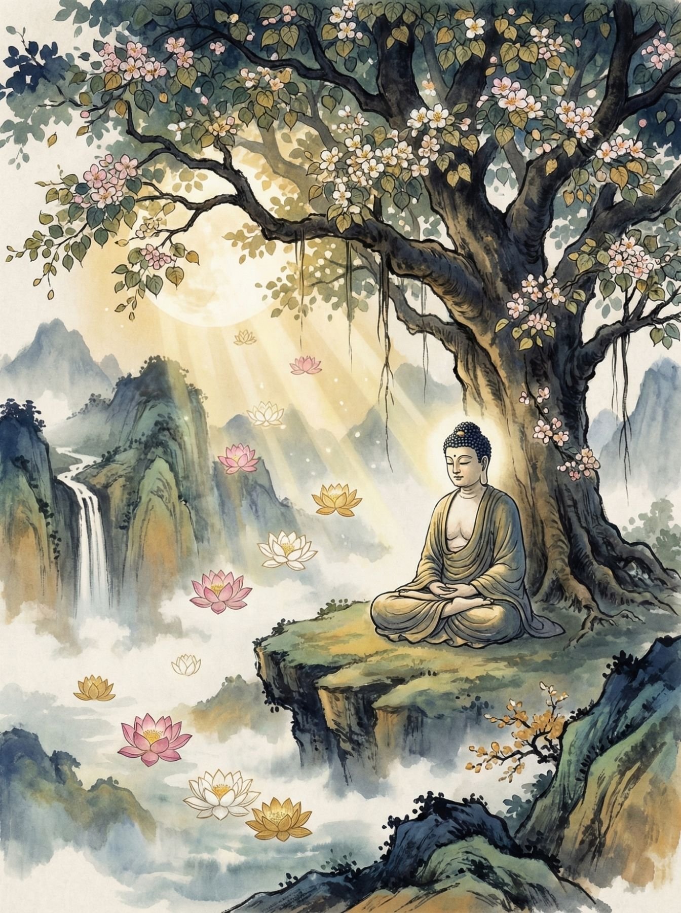Peaceful Buddha Meditation Nature Painting HD Wallpaper