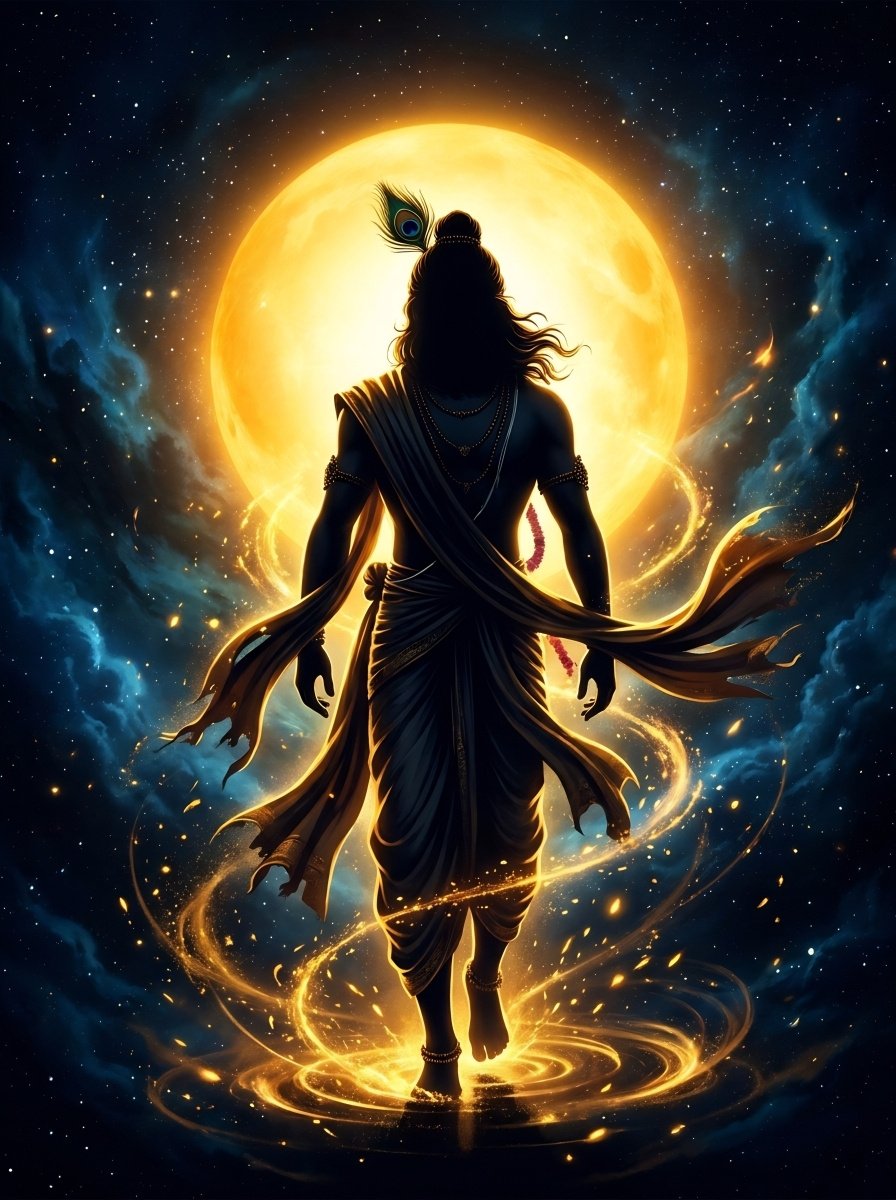 Lord Krishna Moonlight Divine Silhouette Art HD