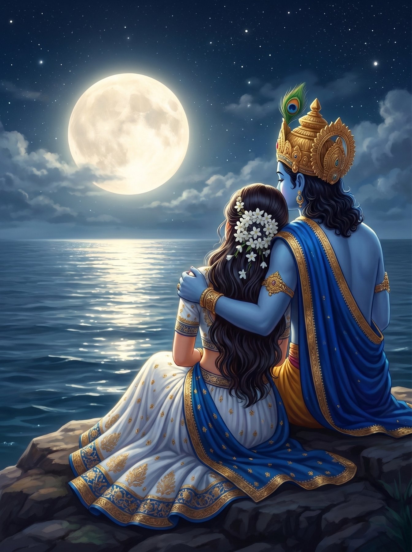 Radha Krishna Moon Night Romantic HD Wallpaper