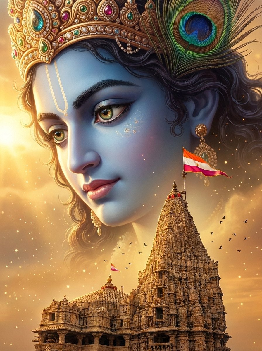 Divine Krishna Temple Art Golden Spiritual Wallpaper
