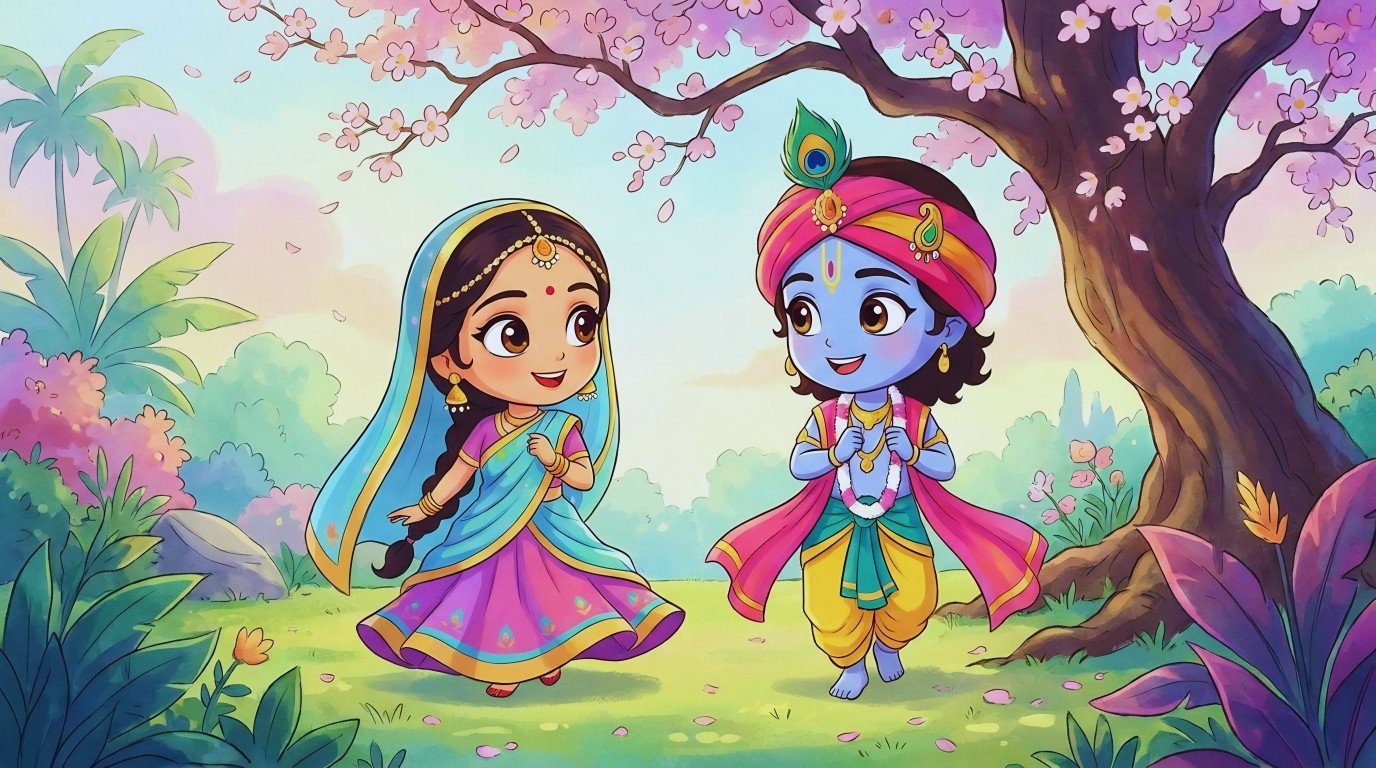 Cute Radha Krishna Cartoon HD Devotional Wallpaper