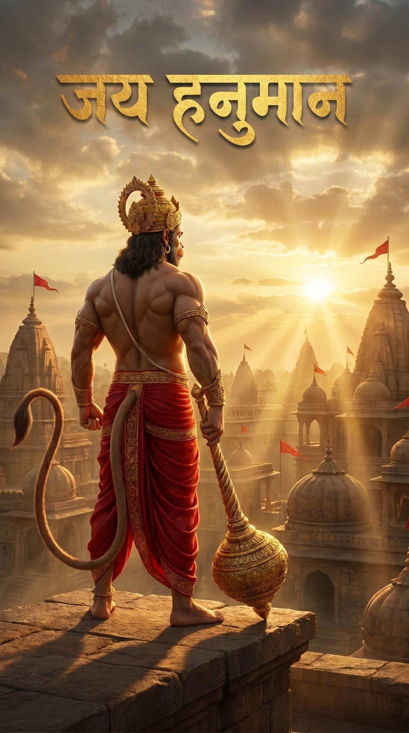 Jai Hanuman Powerful Temple Sunrise HD Wallpaper