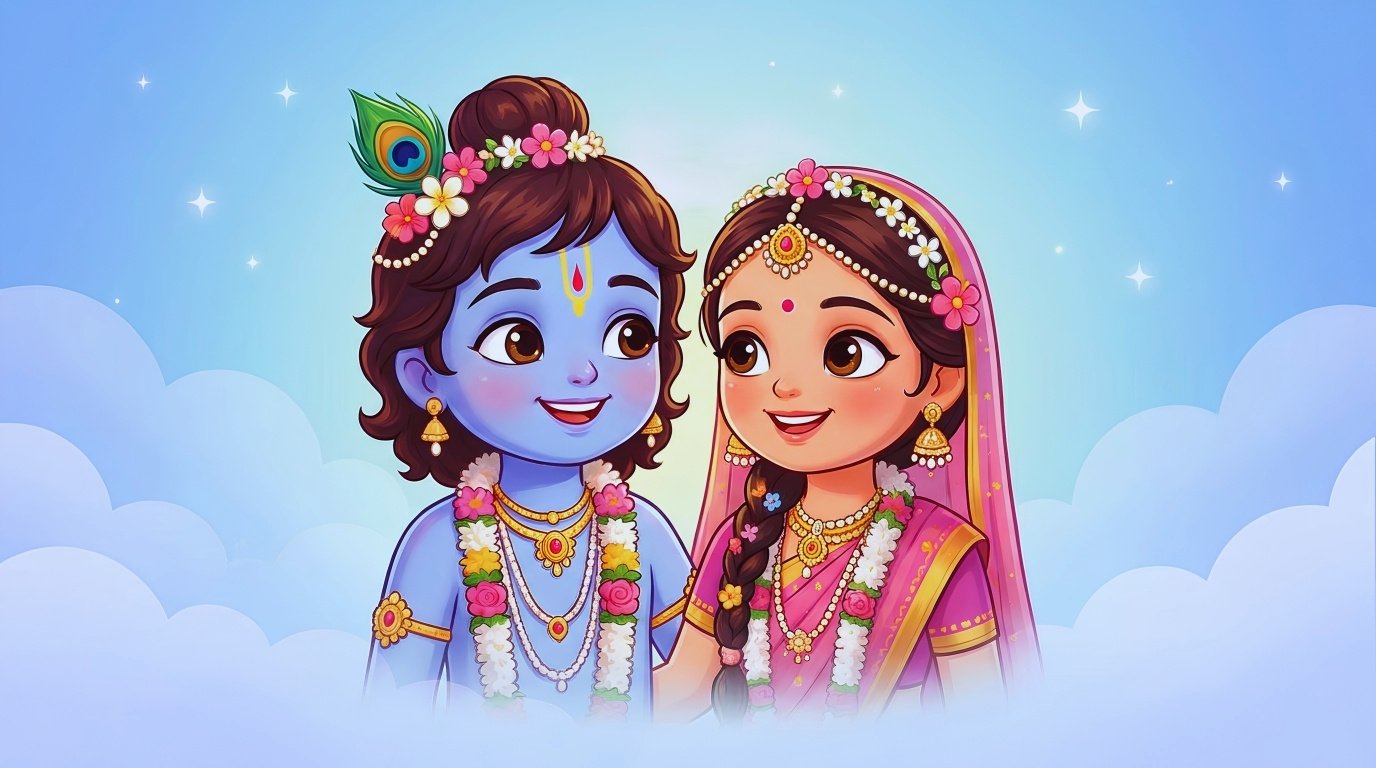 Cute Radha Krishna Cartoon Sky Wallpaper