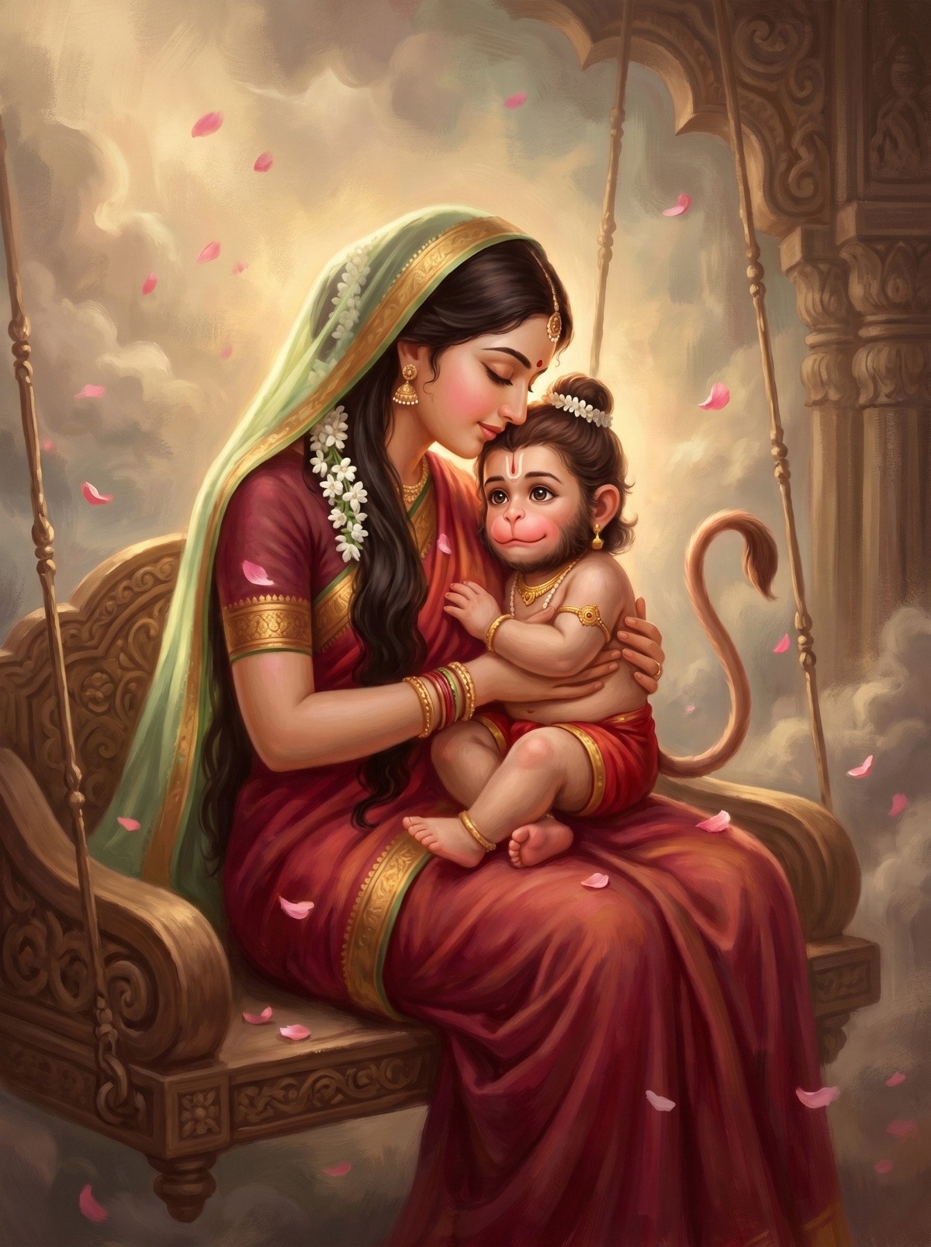 Anjana Mata and Baby Hanuman Loving Wallpaper