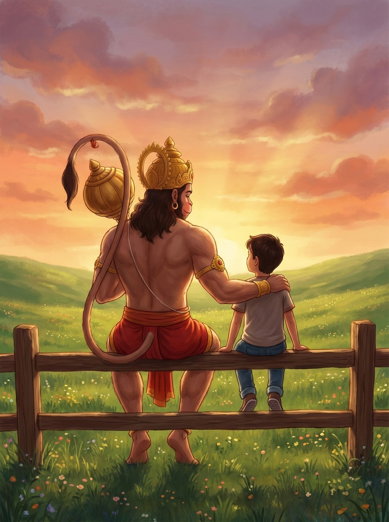 Lord Hanuman Blessing Child at Sunset Wallpaper