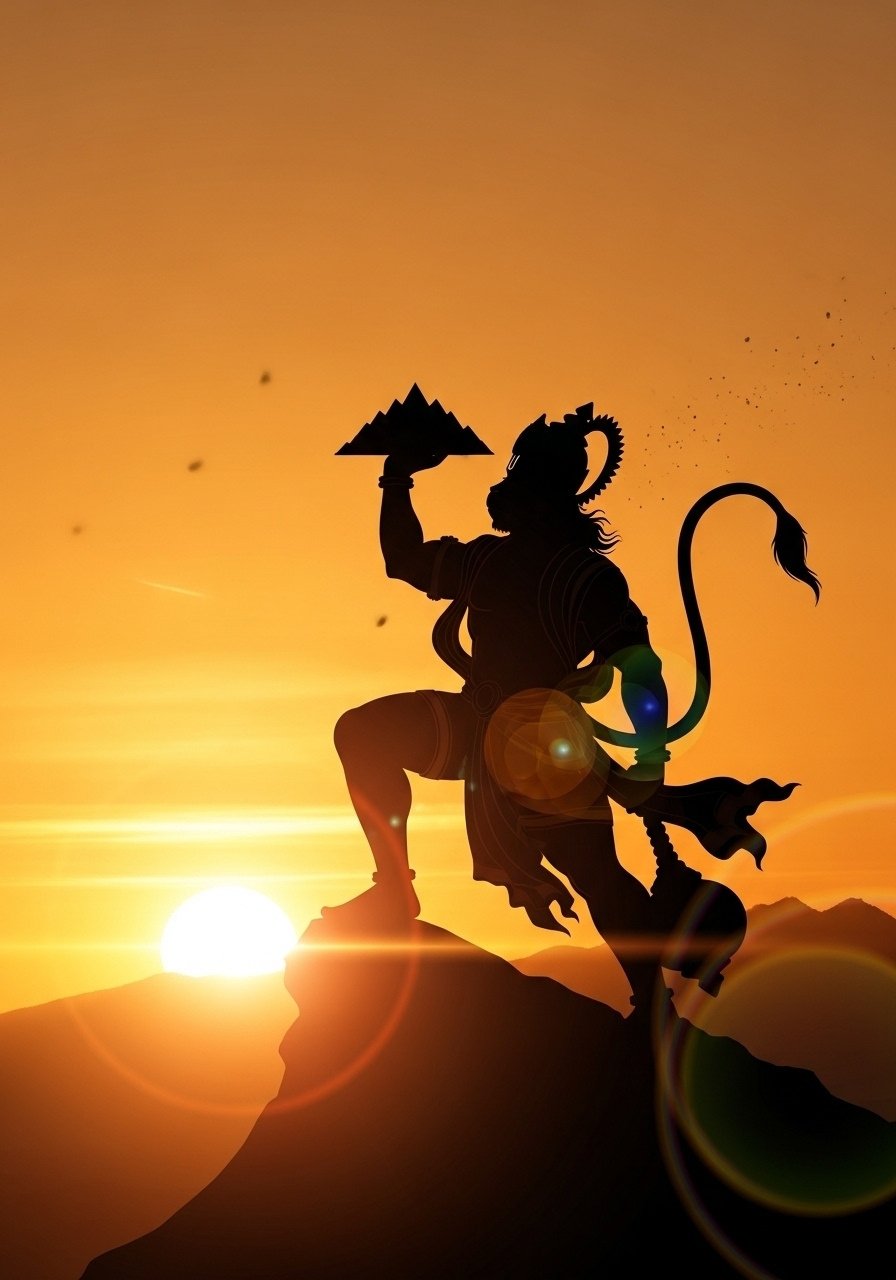 Hanuman Carrying Sanjeevani Mountain at Sunrise