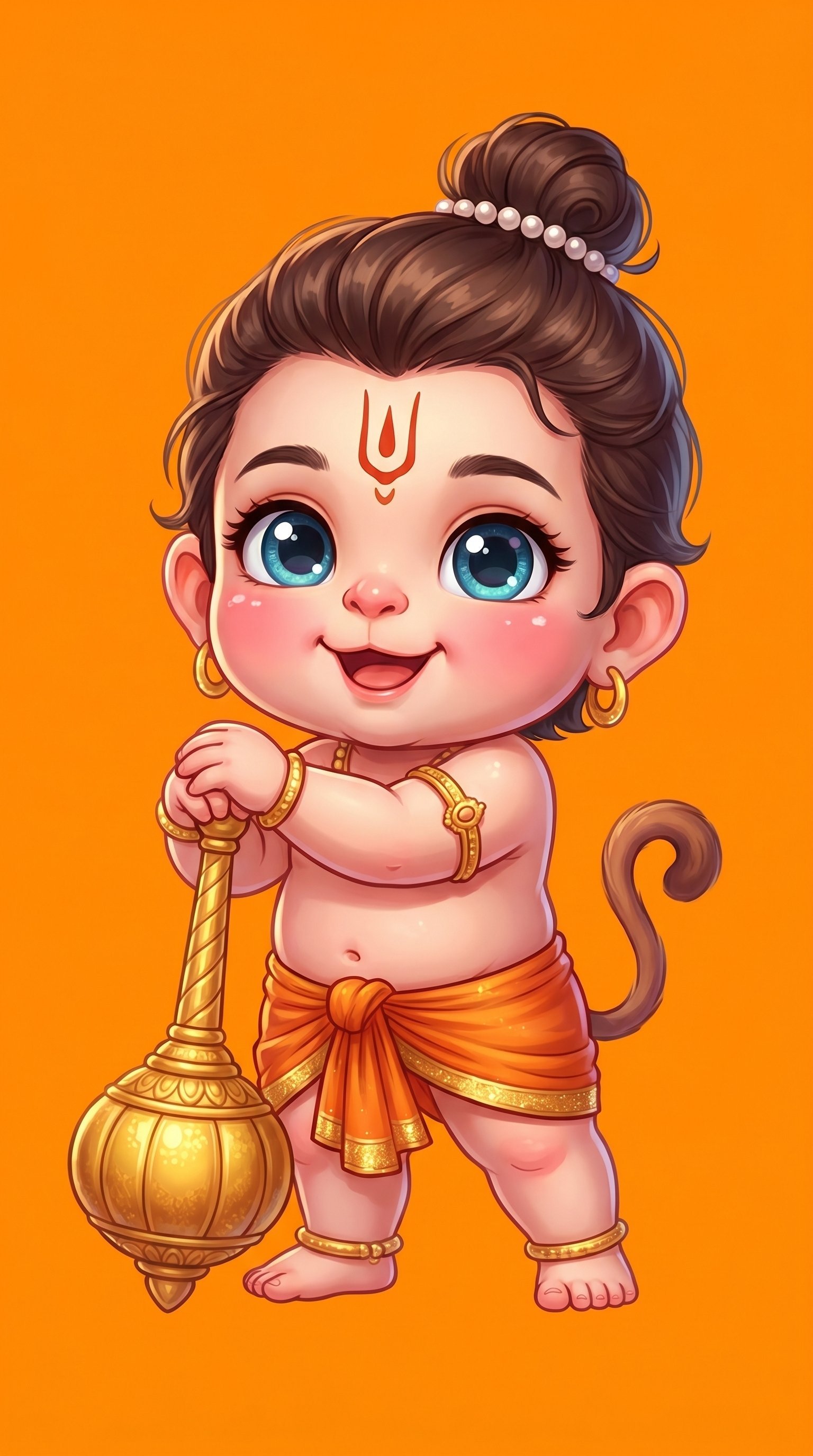 Cute Baby Hanuman With Gada Cartoon Wallpaper 4K Wallpaper for iPhone & Android