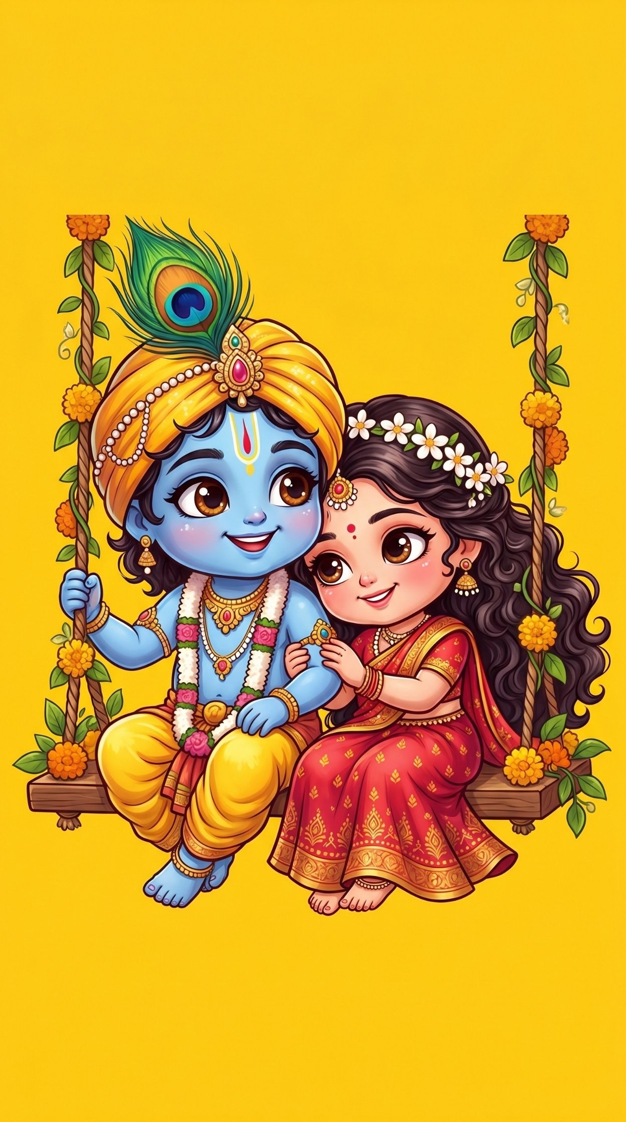 Cute Radha Krishna Swing Cartoon Wallpaper 4K Wallpaper for iPhone & Android