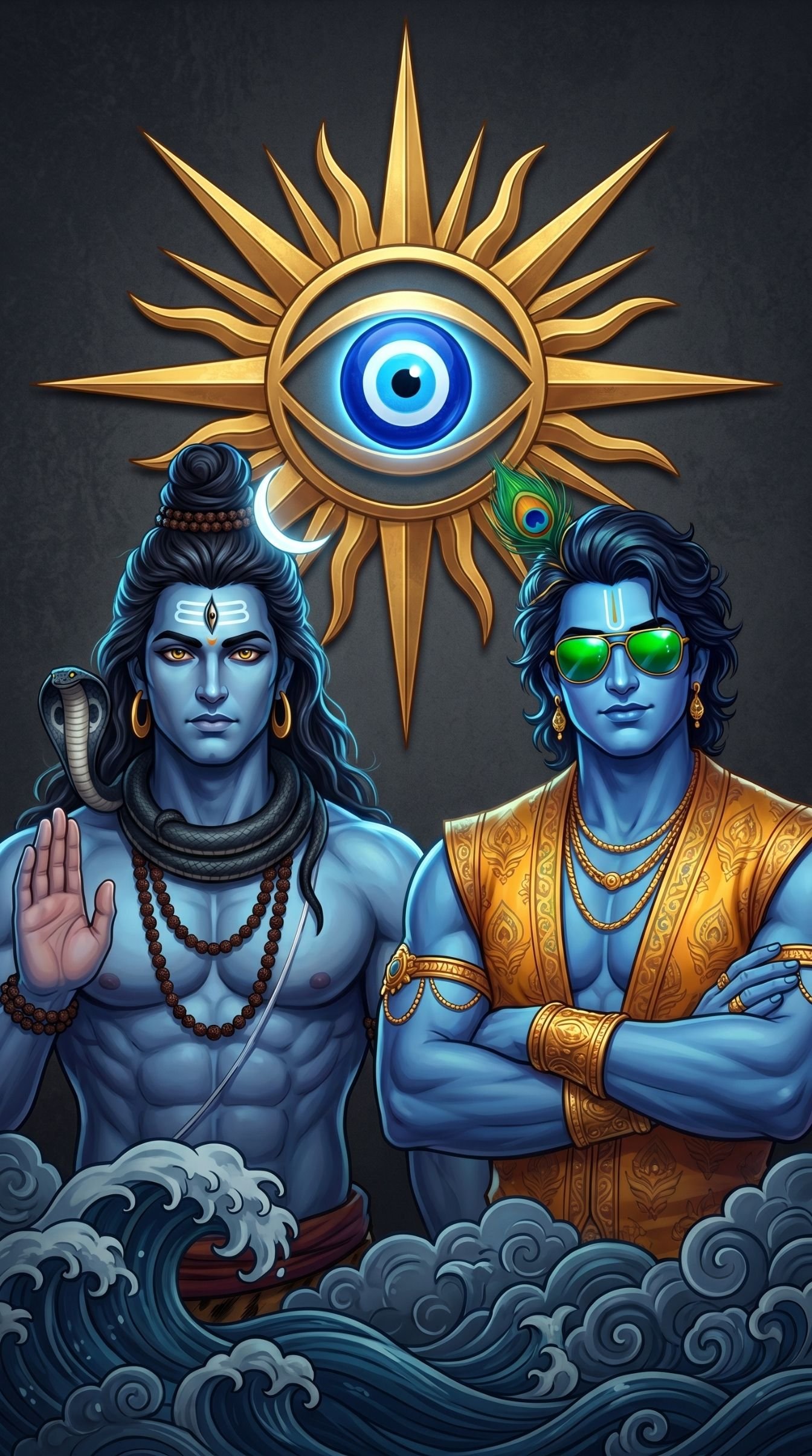 Shiva and Krishna Divine Blue Art Wallpaper 4K Wallpaper for iPhone & Android