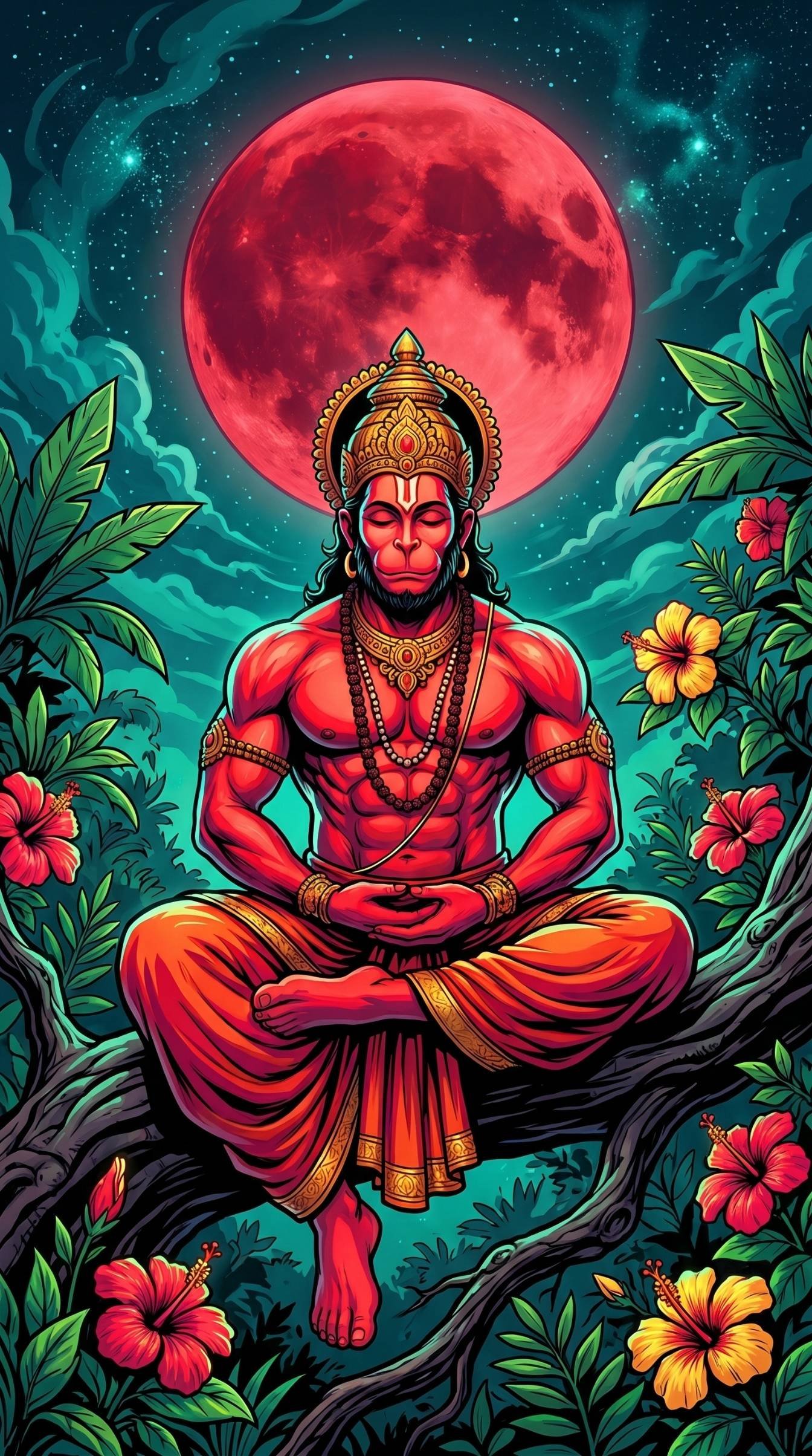 Meditating Hanuman Under Crimson Moon Wallpaper 4K Wallpaper for iPhone & Android
