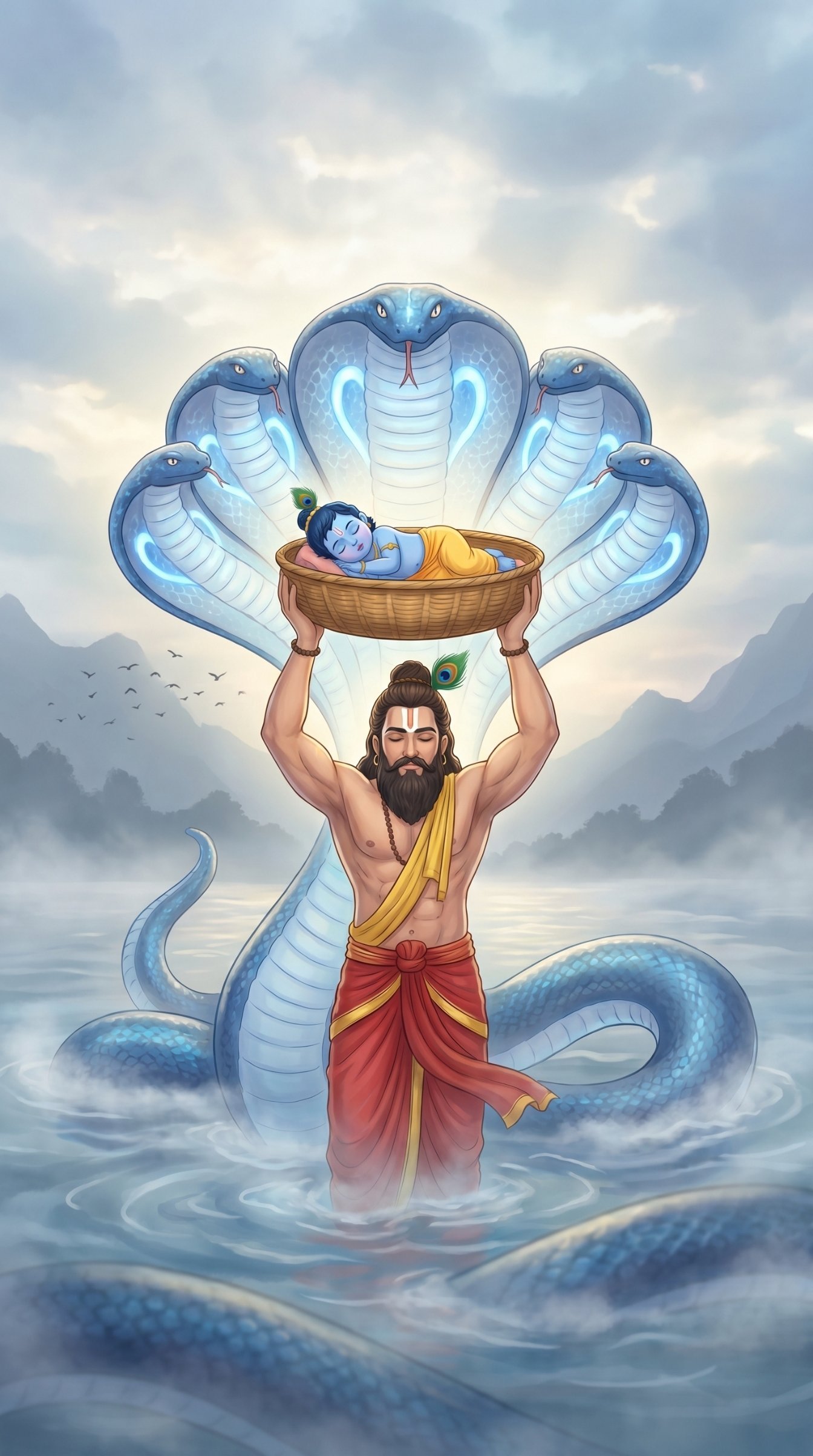 Divine Journey of Baby Krishna and Sheshnag 4K Wallpaper for iPhone & Android