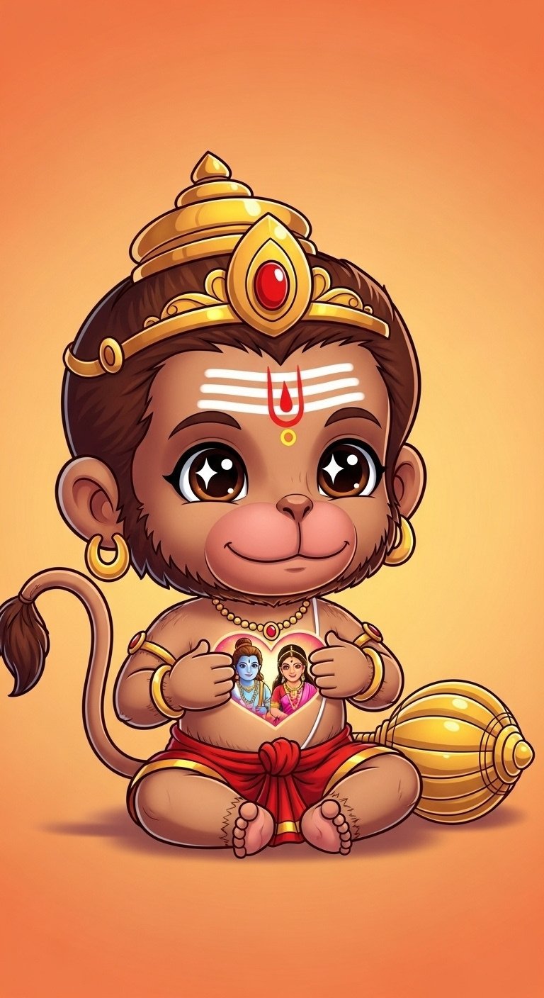 Cute Bal Hanuman with Shri Ram in His Heart 4K Wallpaper for iPhone & Android