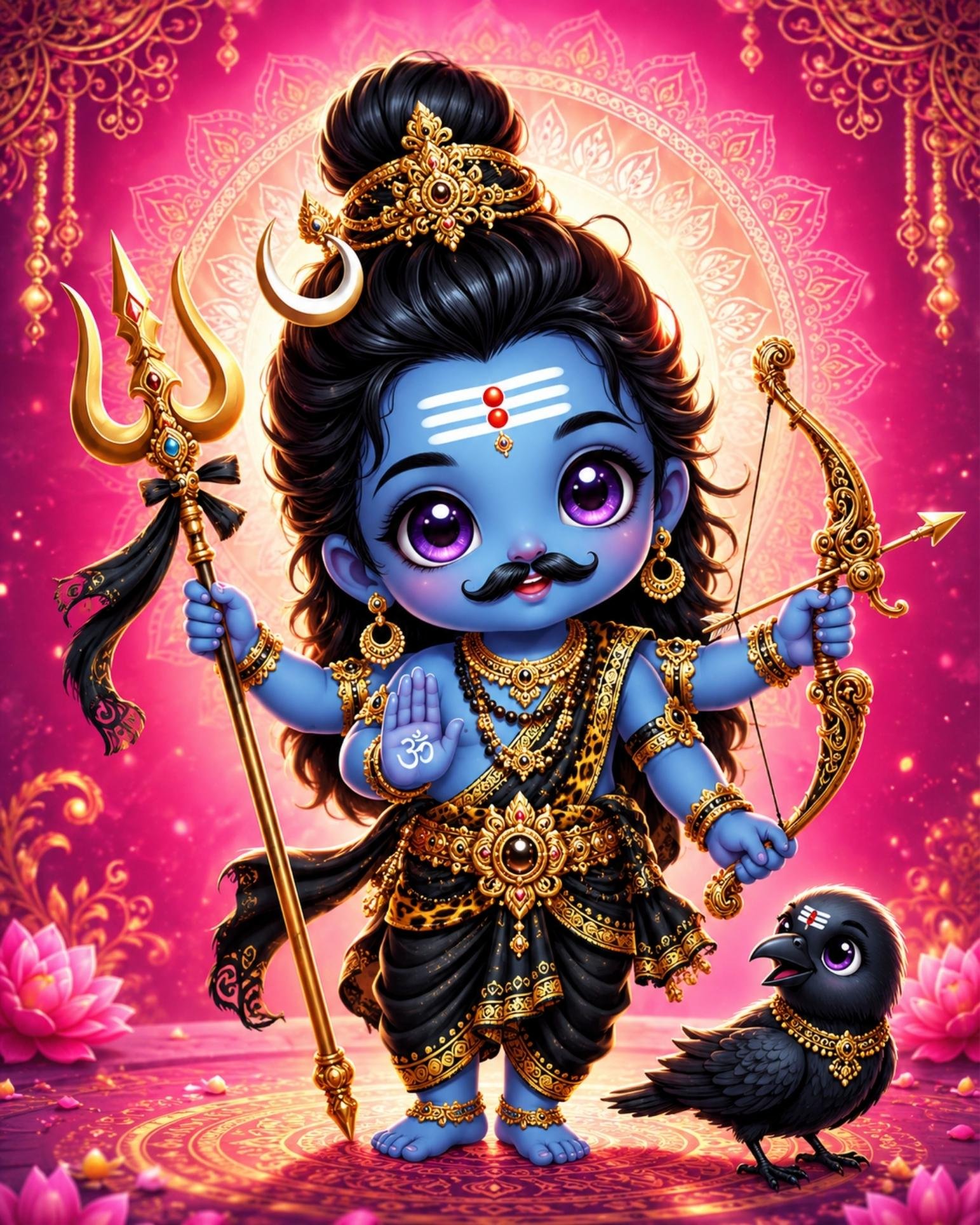 Cute Chibi Shani Dev with Crow and Trishul Art 4K Wallpaper for iPhone & Android