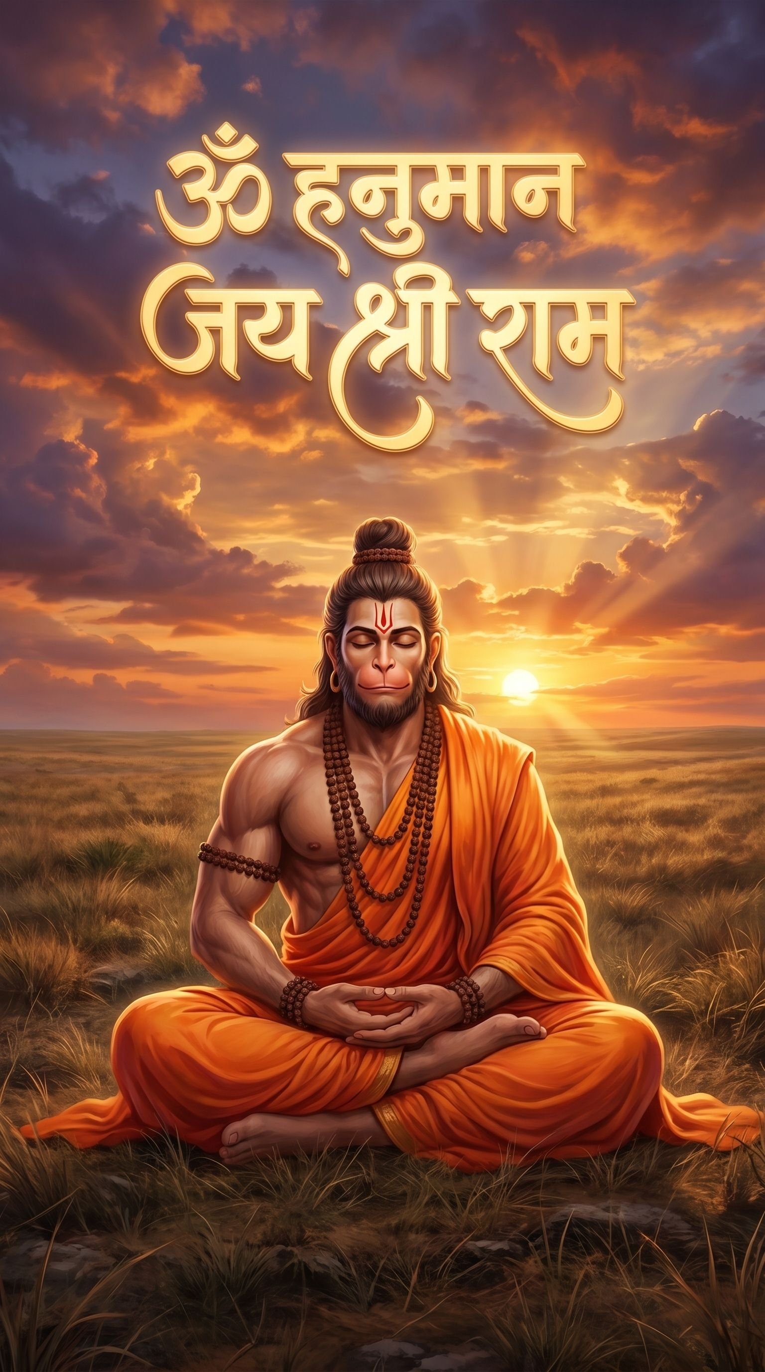 Om Hanuman Jai Shri Ram Meditation at Sunset 4K Wallpaper for iPhone & Android