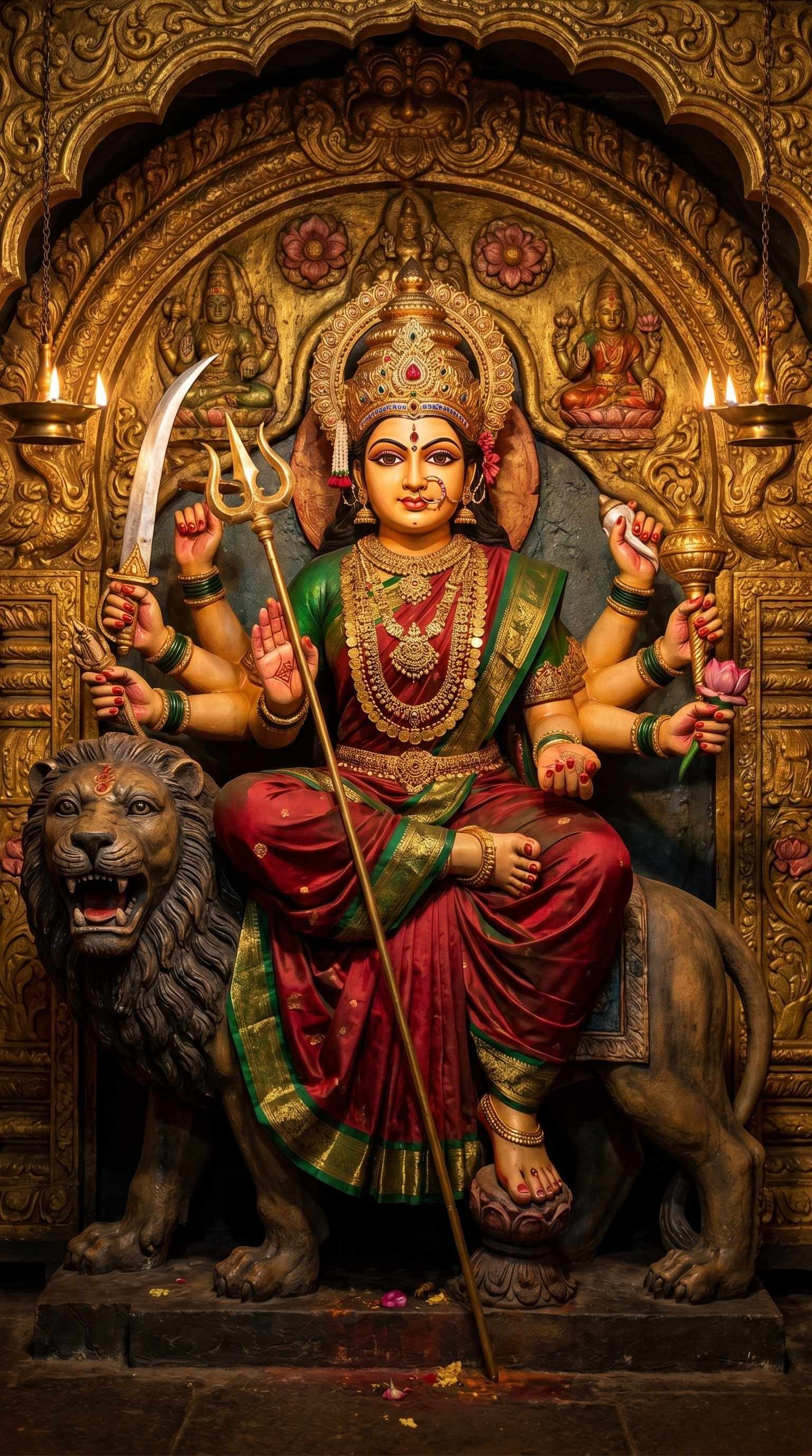 Maa Durga on Lion in Golden Temple Sanctuary 4K Wallpaper for iPhone & Android