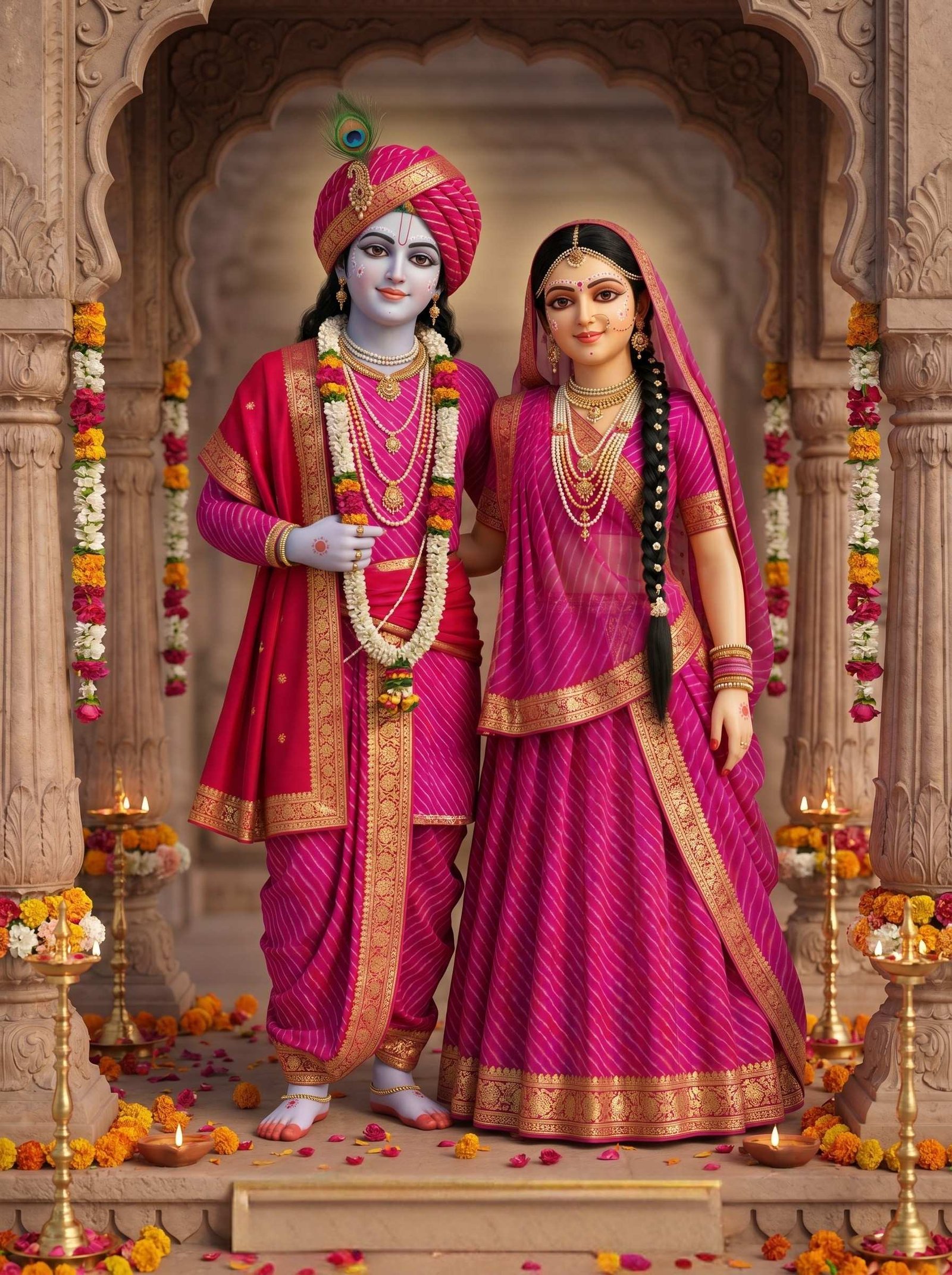 Divine Radha Krishna in Royal Pink Attire 4K Wallpaper for iPhone & Android