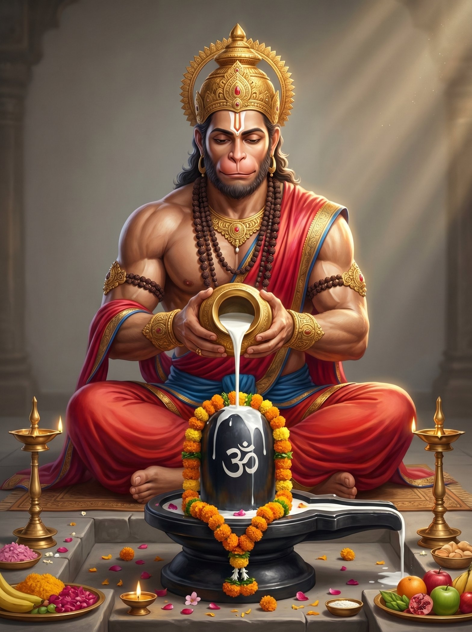 Hanuman Performing Shiva Lingam Abhishek with Devotion 4K Wallpaper for iPhone & Android