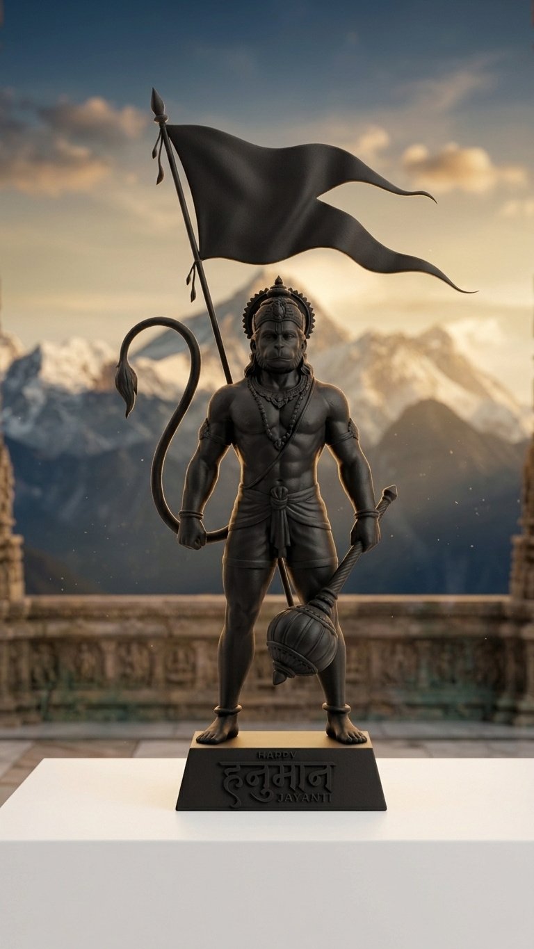 Hanuman Jayanti Black Stone Statue with Victory Flag 4K Wallpaper for iPhone & Android