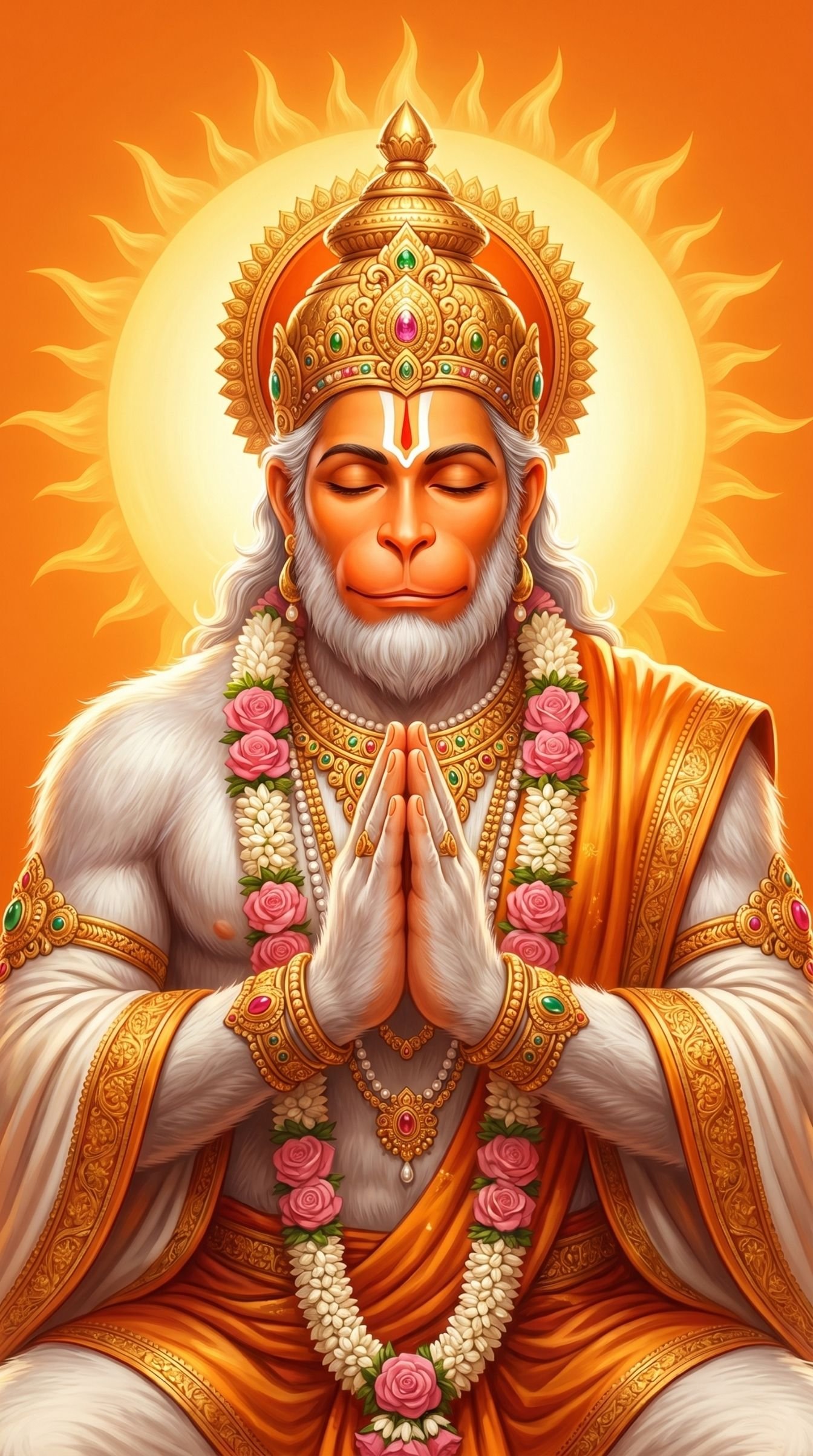 Divine Hanuman in Sacred Prayer Beneath the Radiant Sun Halo 4K Wallpaper for iPhone & Android