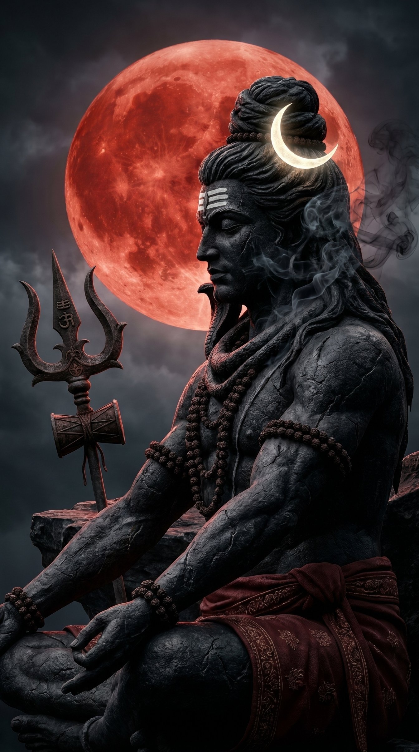 Meditative Lord Shiva Beneath the Crimson Blood Moon 4K Wallpaper for iPhone & Android