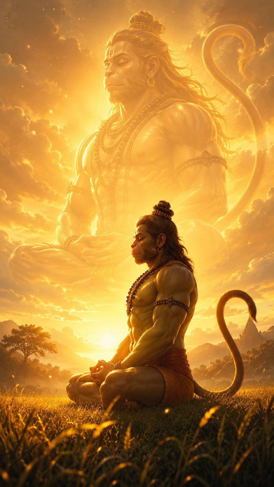 Celestial Hanuman Meditation Amid Golden Divine Light 4K Wallpaper for iPhone & Android