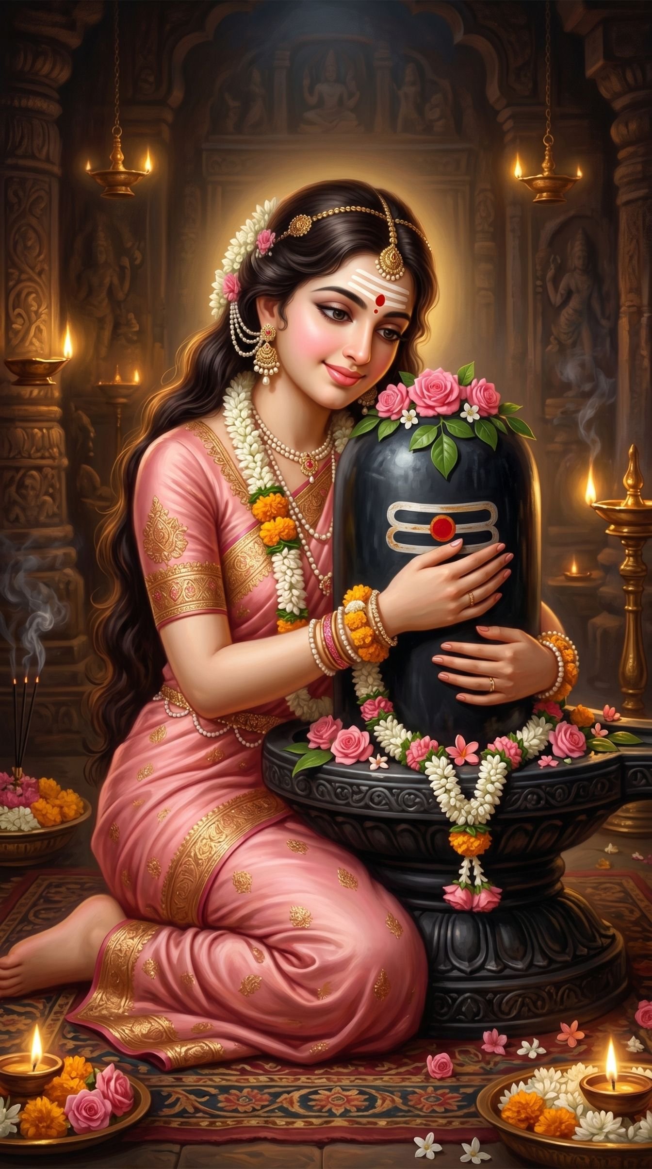 Devotional Embrace of the Sacred Shiva Lingam in a Temple Sanctuary