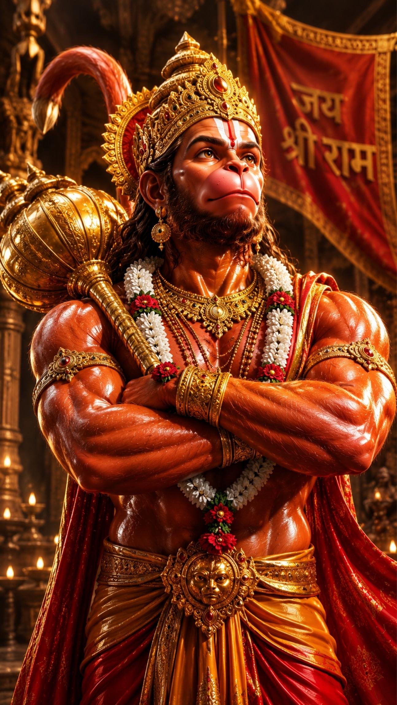 Mighty Lord Hanuman with Golden Gada and Jai Shri Ram Banner