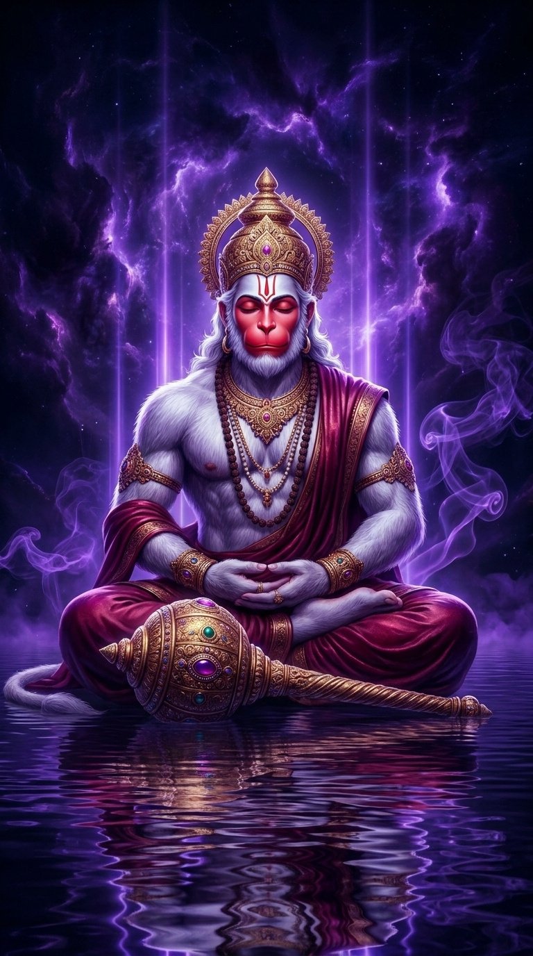 Divine Meditating Lord Hanuman in Cosmic Purple Aura – Spiritual Serenity Wallpaper