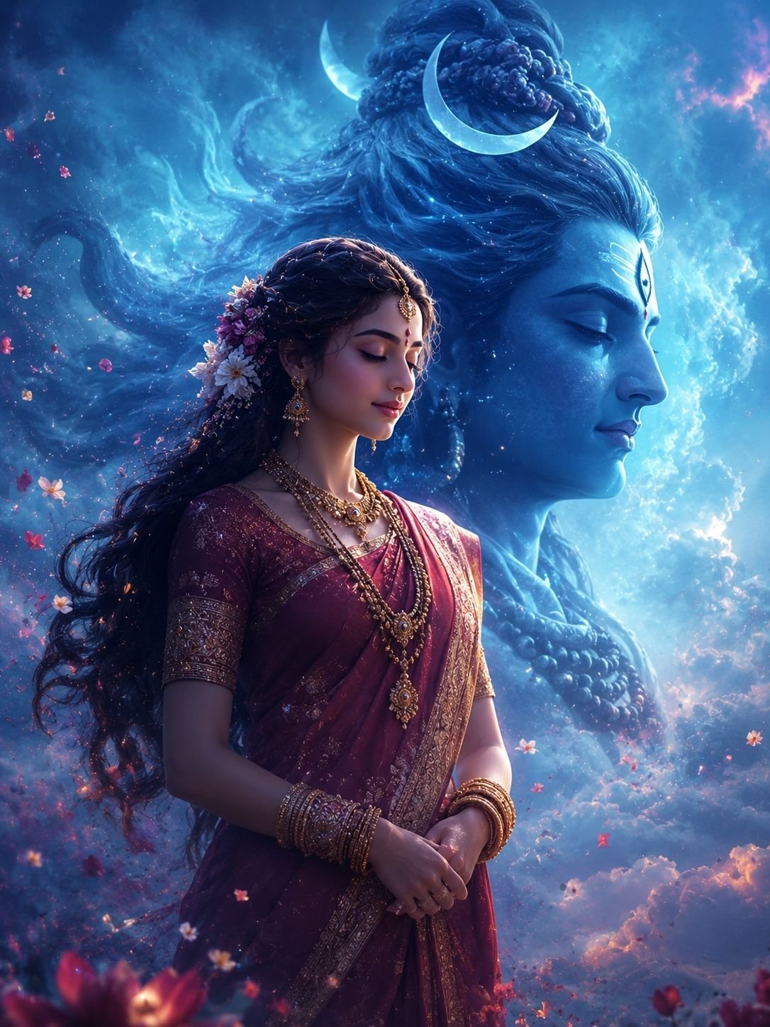 Divine Goddess Parvati with Cosmic Lord Shiva – Celestial Devotional Fantasy Art