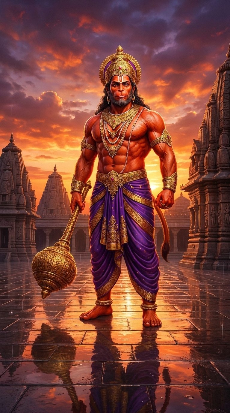 Majestic Lord Hanuman Standing with Divine Gada at Sacred Temple