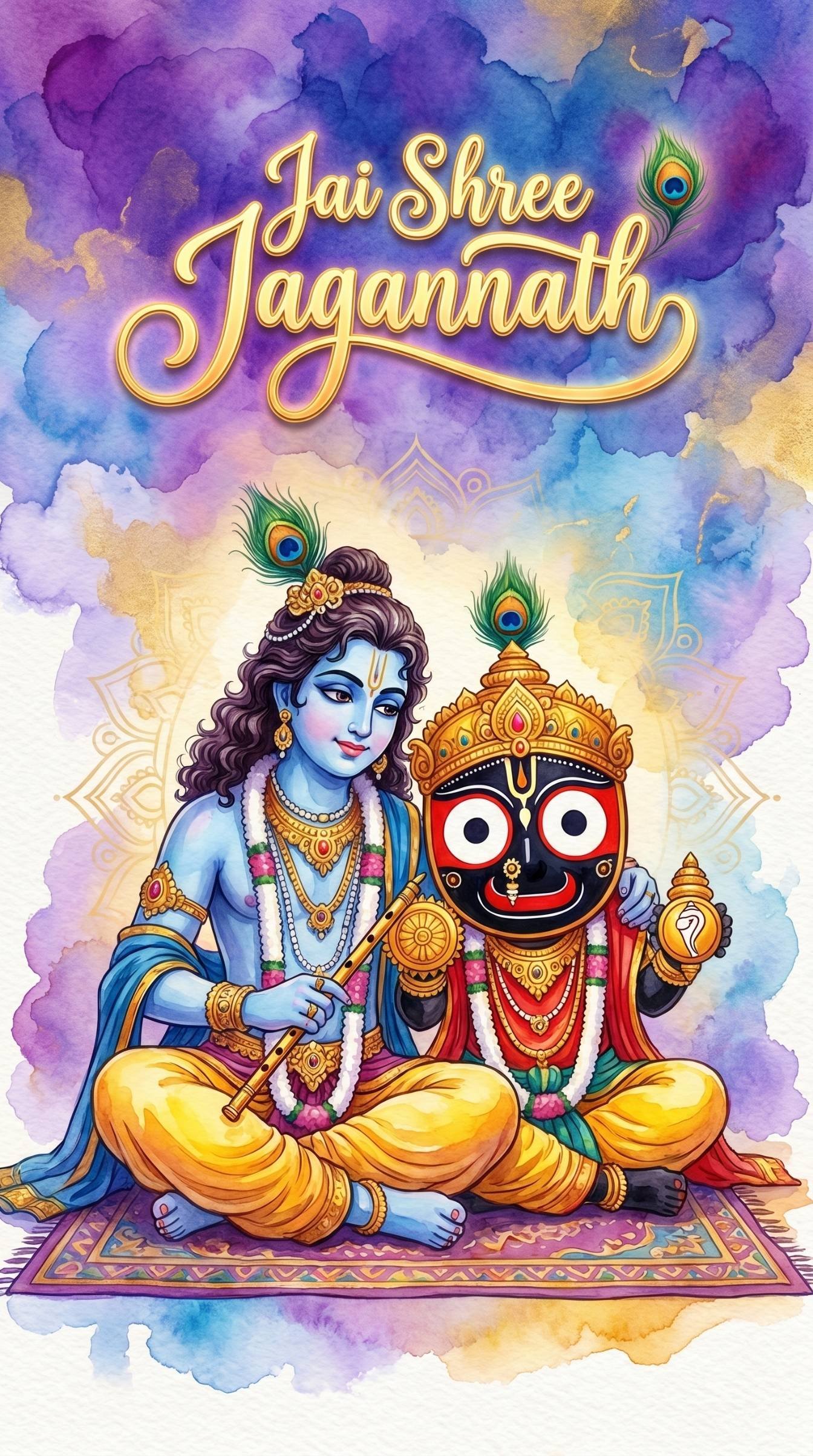 Jagannath & Krishna Divine Harmony – Watercolor Devotional Art