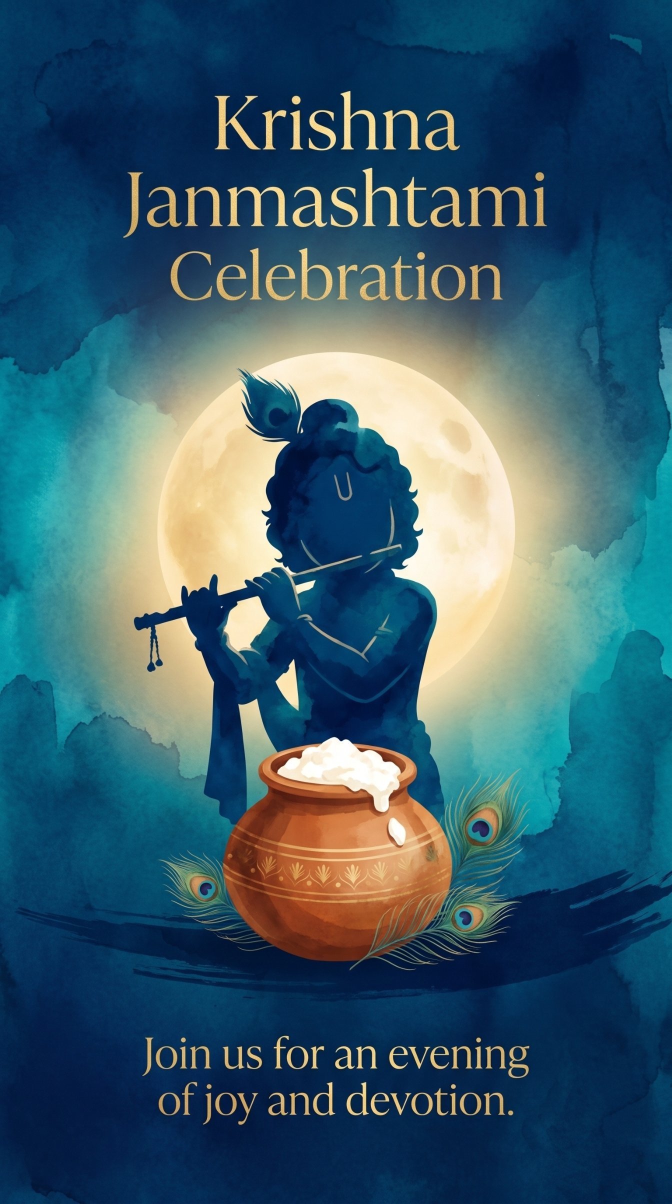 Moonlit Krishna Janmashtami Serenity – Minimal Watercolor Devotional Art