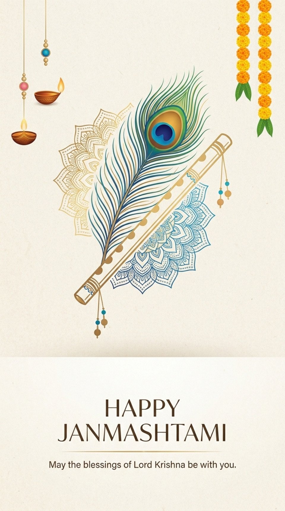 Elegant Krishna Flute & Peacock Feather Janmashtami Art