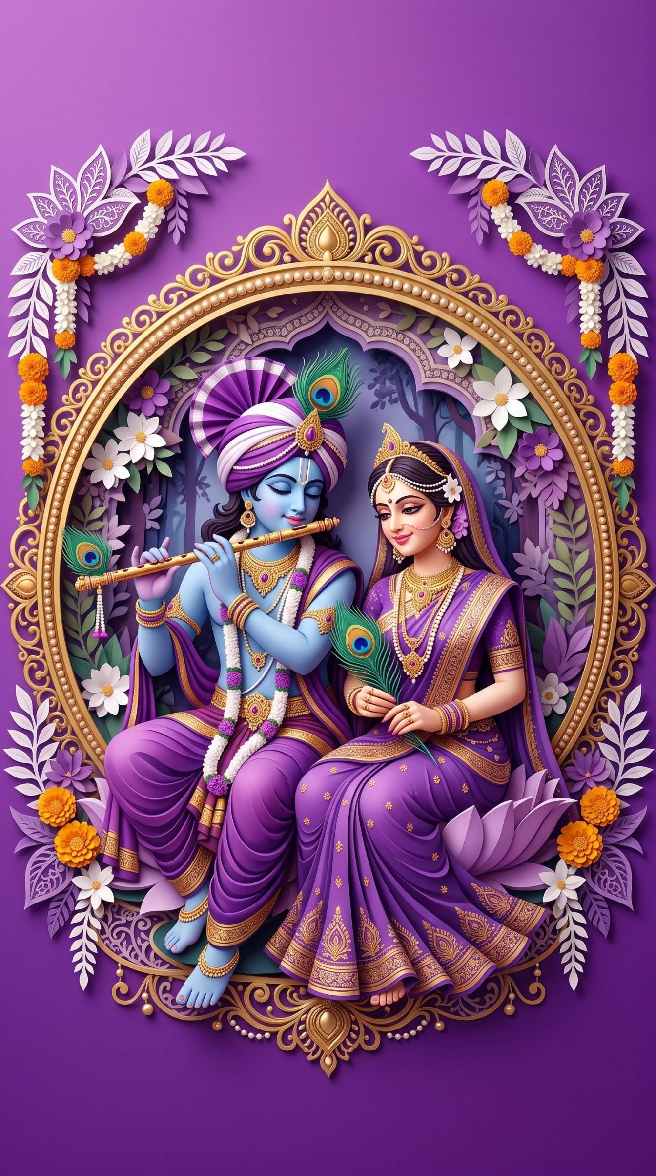Royal Purple Radha Krishna Floral Mandala Art