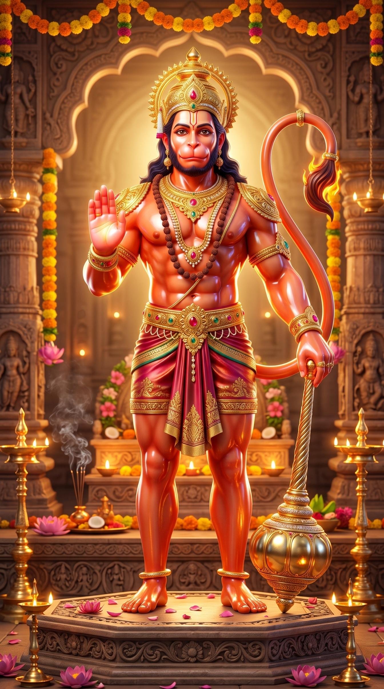 Divine Lord Hanuman Standing Blessing Wallpaper in Golden Temple