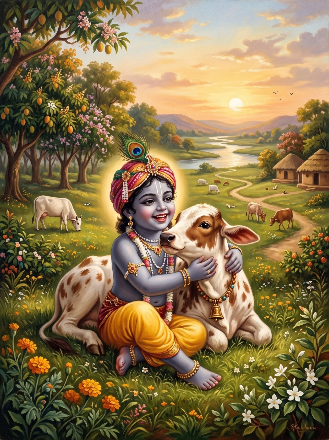 Cute Baby Krishna with Cow Wallpaper – Divine Vrindavan Sunset Scene
