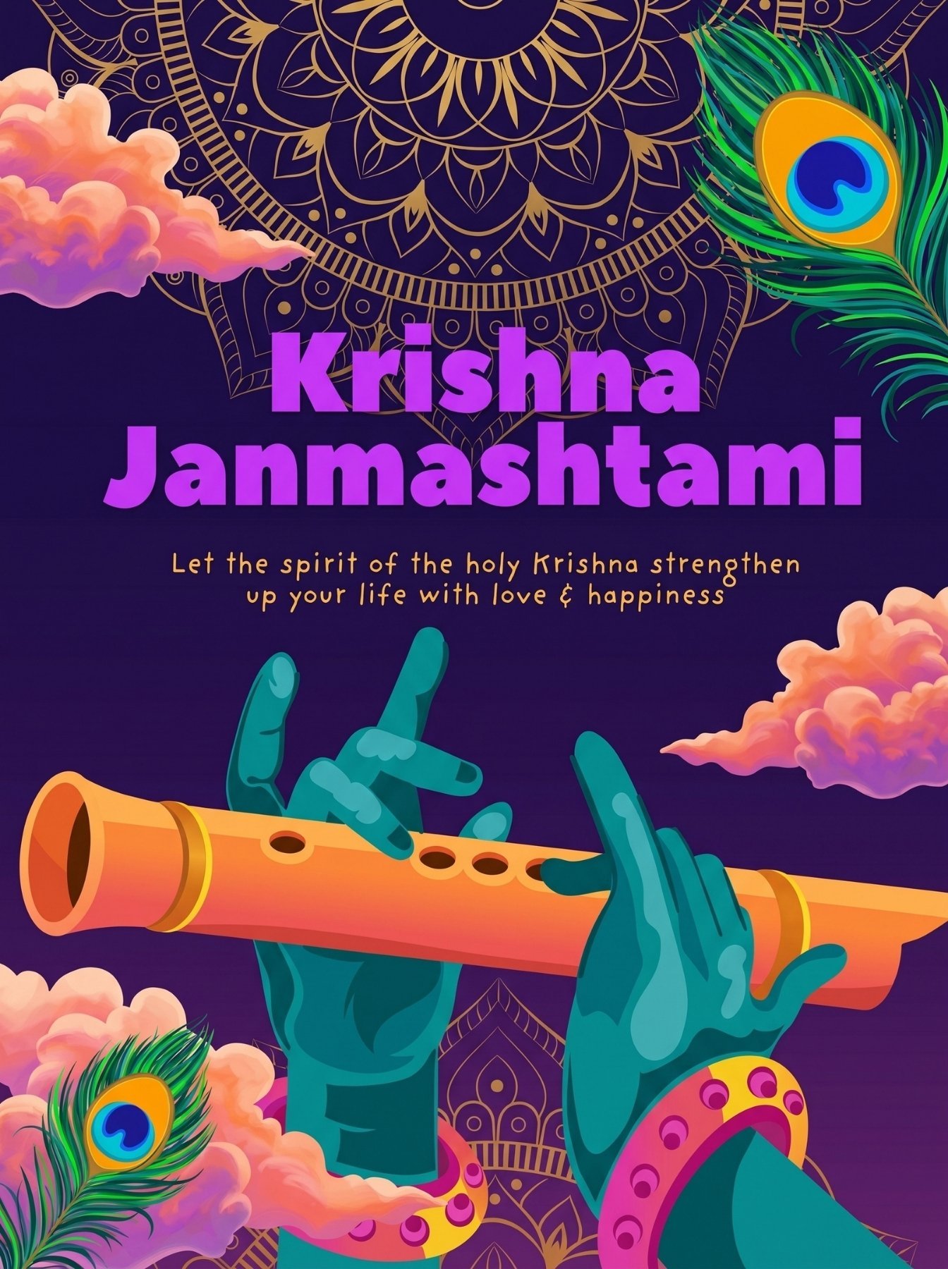 Krishna Janmashtami Flute Wallpaper – Divine Bansuri and Peacock Feather Design