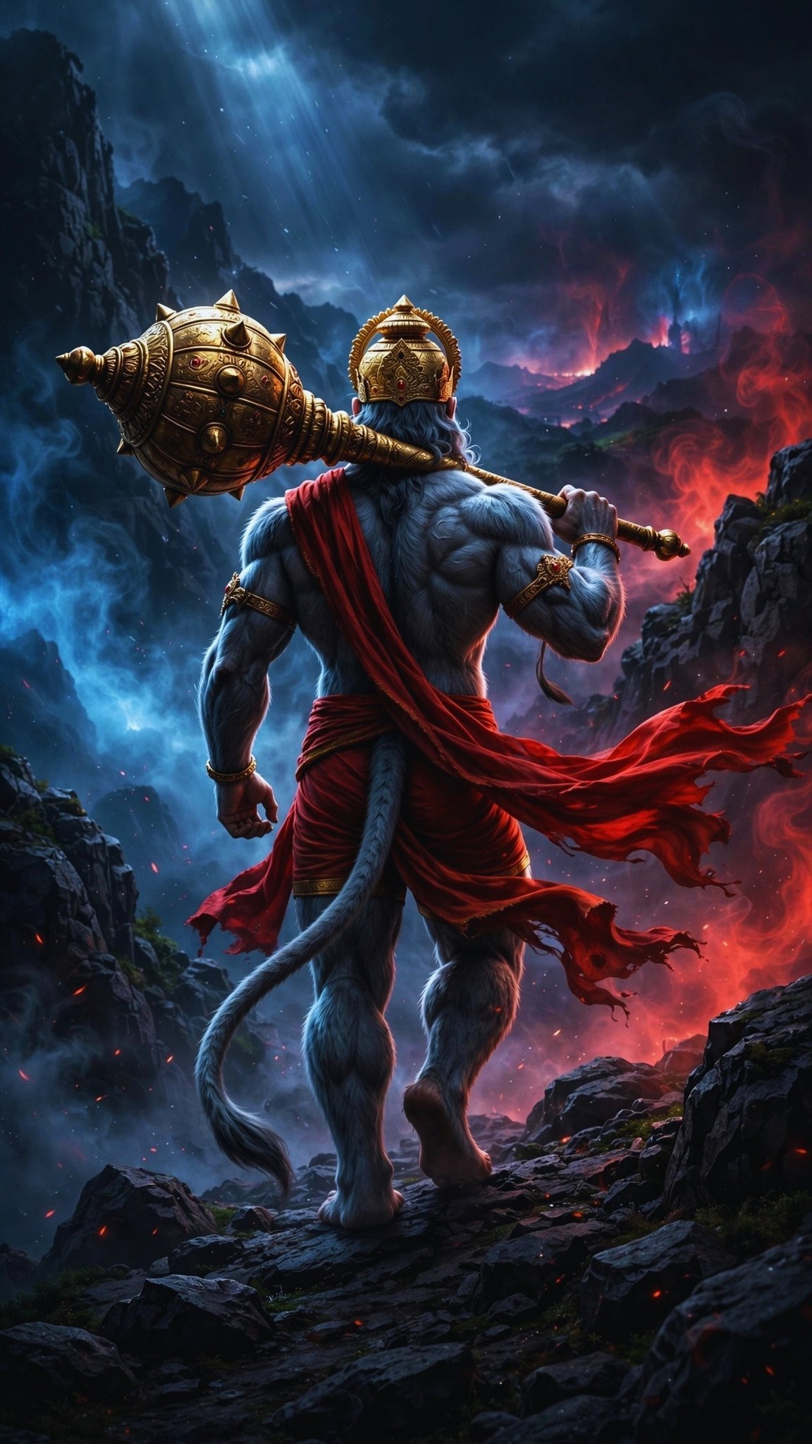 Divine Hanuman Warrior Wallpaper – Epic Bajrangbali with Golden Gada
