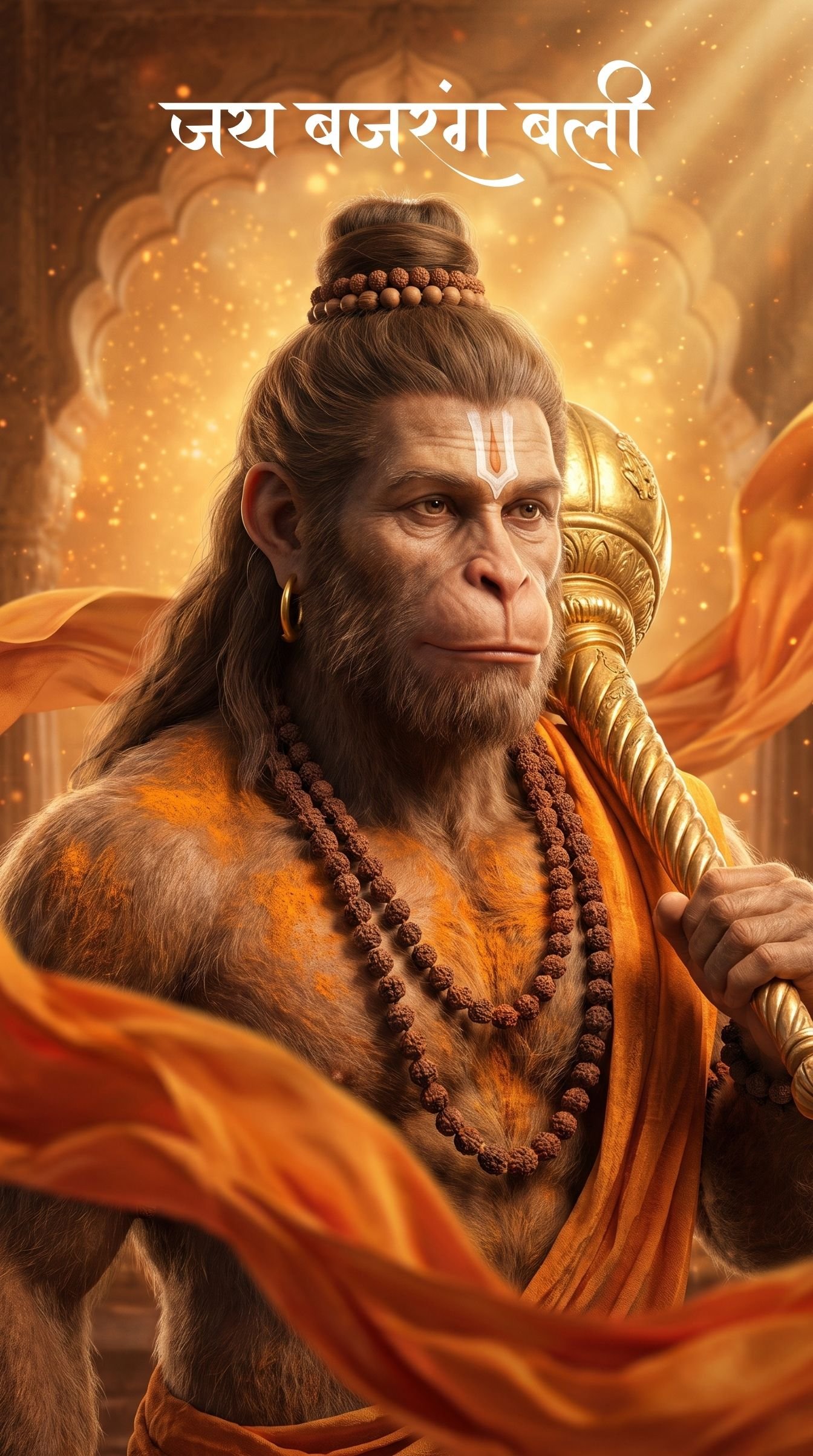 Jai Bajrang Bali Wallpaper – Powerful Lord Hanuman Portrait with Golden Gada