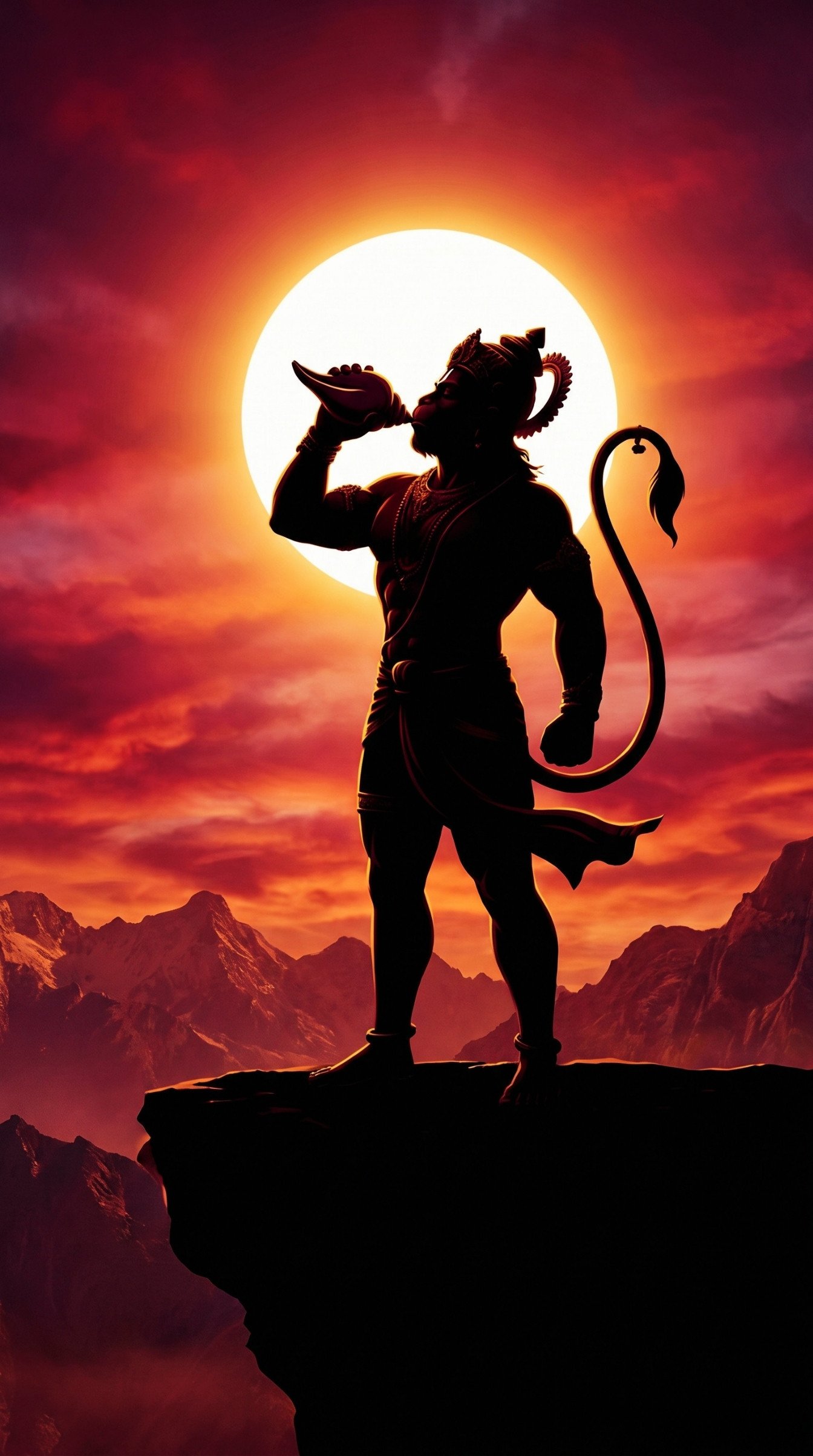 Hanuman Shankh Wallpaper – Divine Bajrangbali Silhouette at Sunset