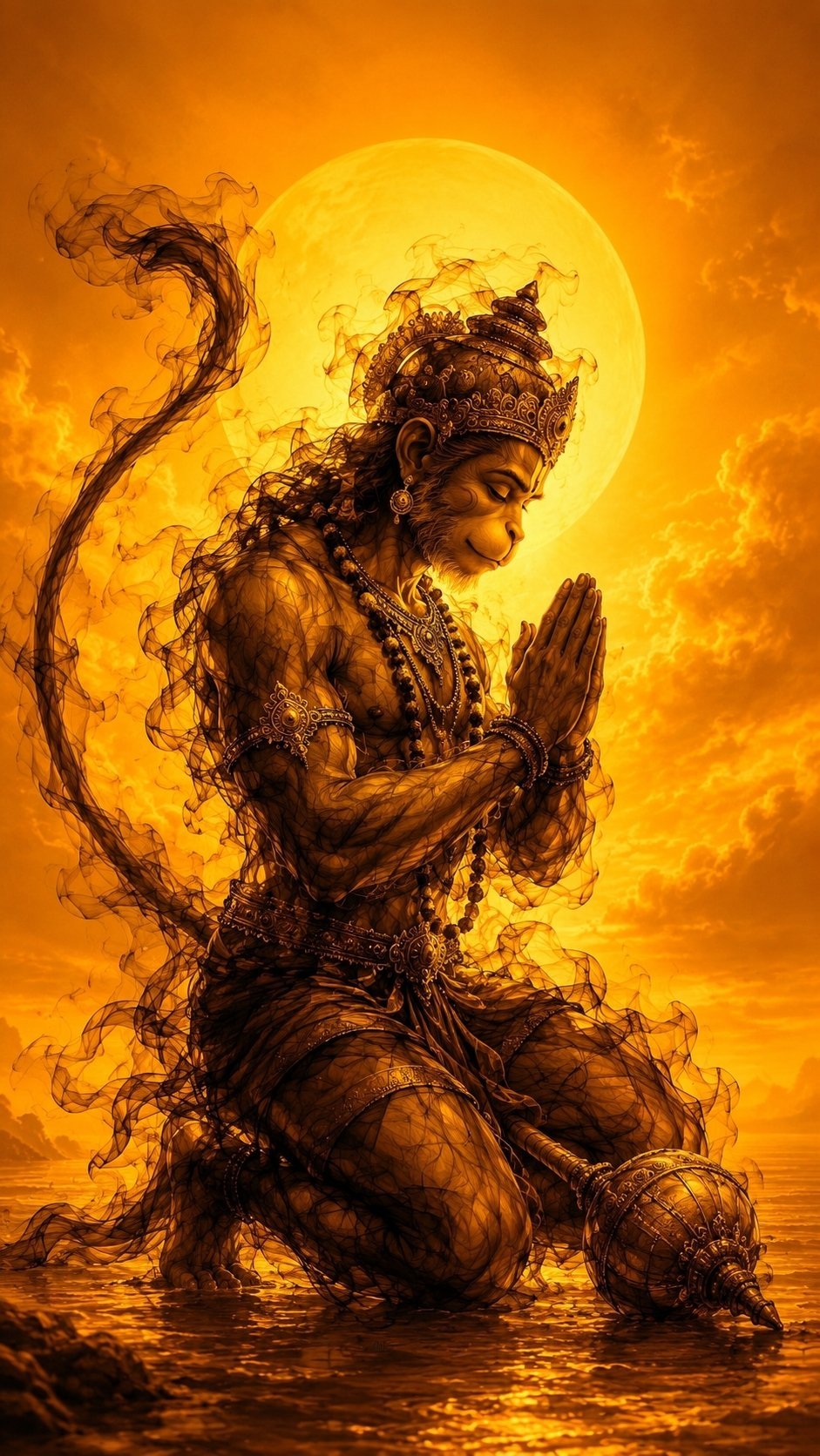 Golden Smoke Hanuman Wallpaper – Divine Prayer of Lord Bajrangbali