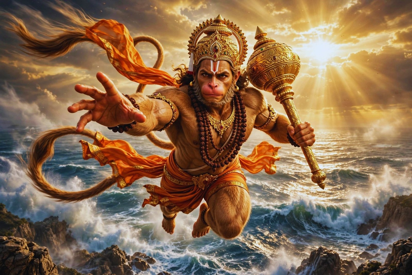 Flying Lord Hanuman Wallpaper – Divine Power Over the Ocean