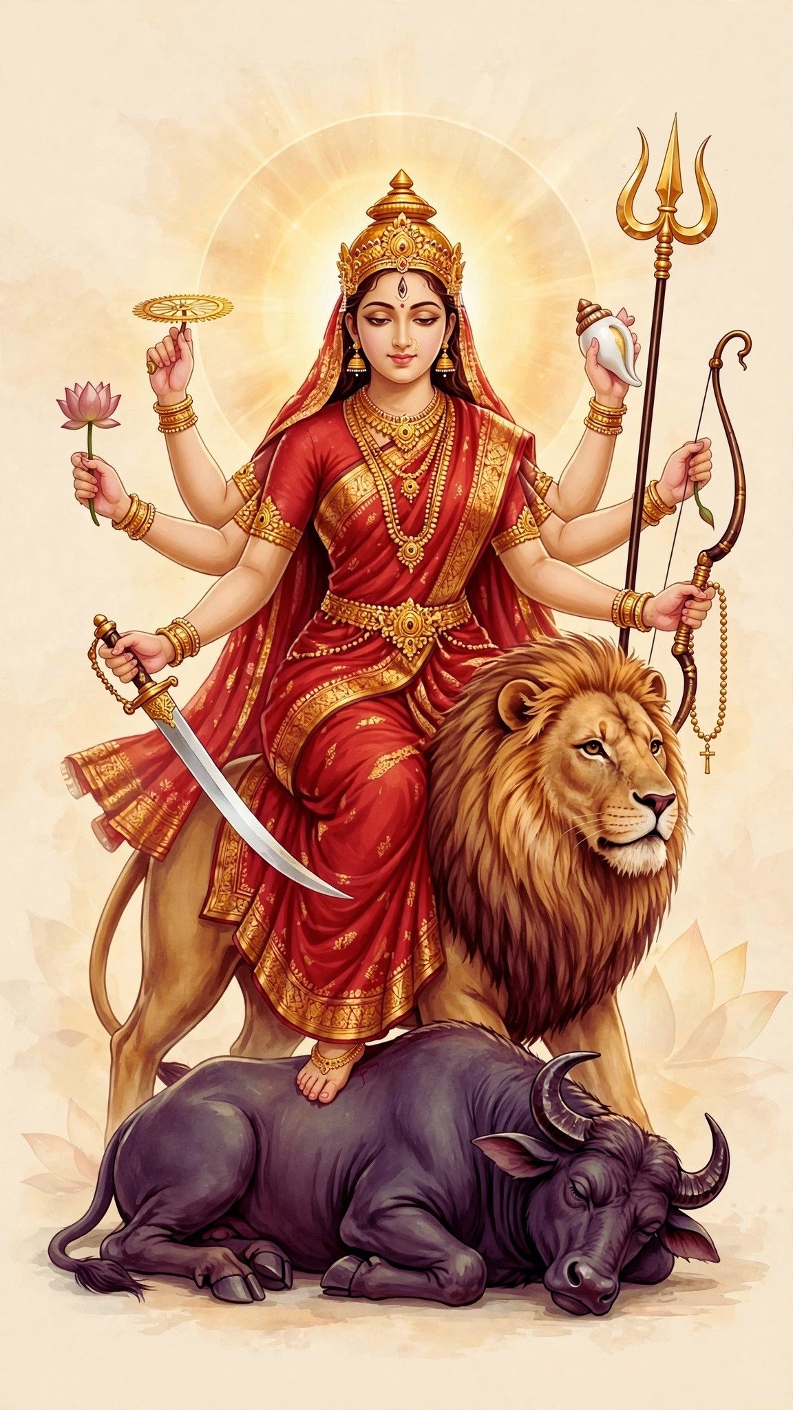 Maa Durga Wallpaper – Divine Sherawali Mata with Lion and Mahishasura