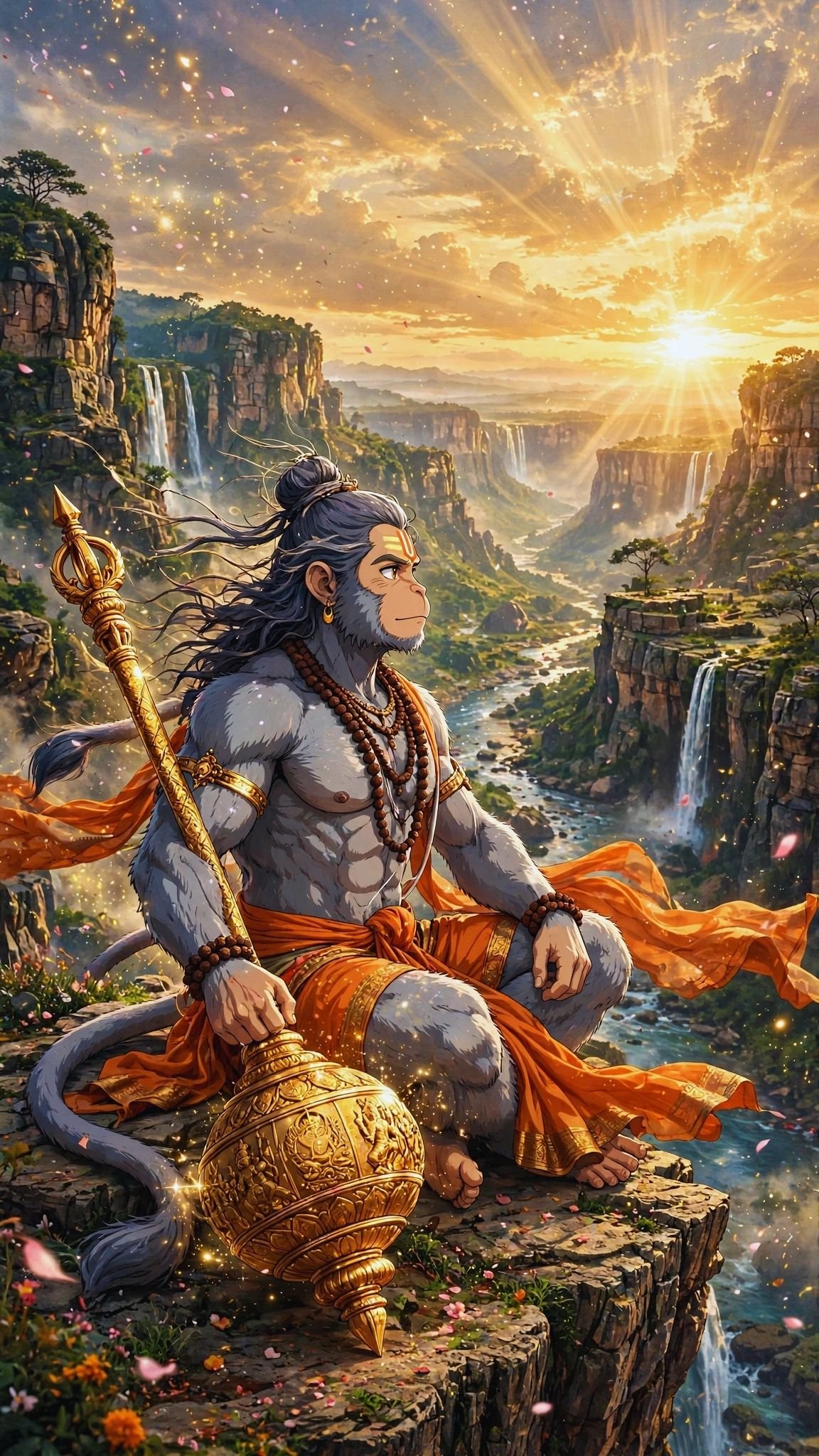 Peaceful Lord Hanuman Meditation Wallpaper – Divine Bajrangbali in a Sacred Valley