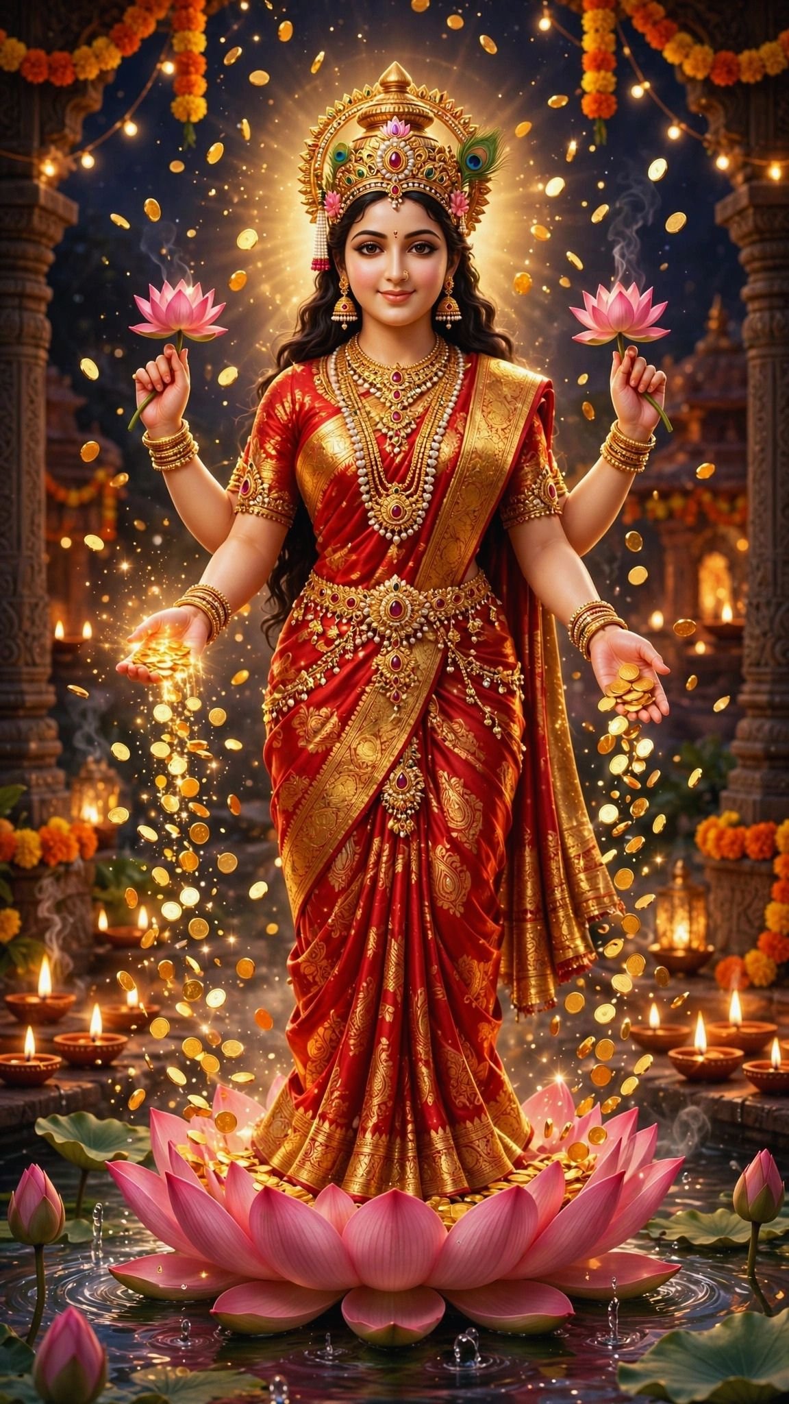 Goddess Lakshmi Showering Gold Coins Wallpaper – Divine Wealth and Prosperity