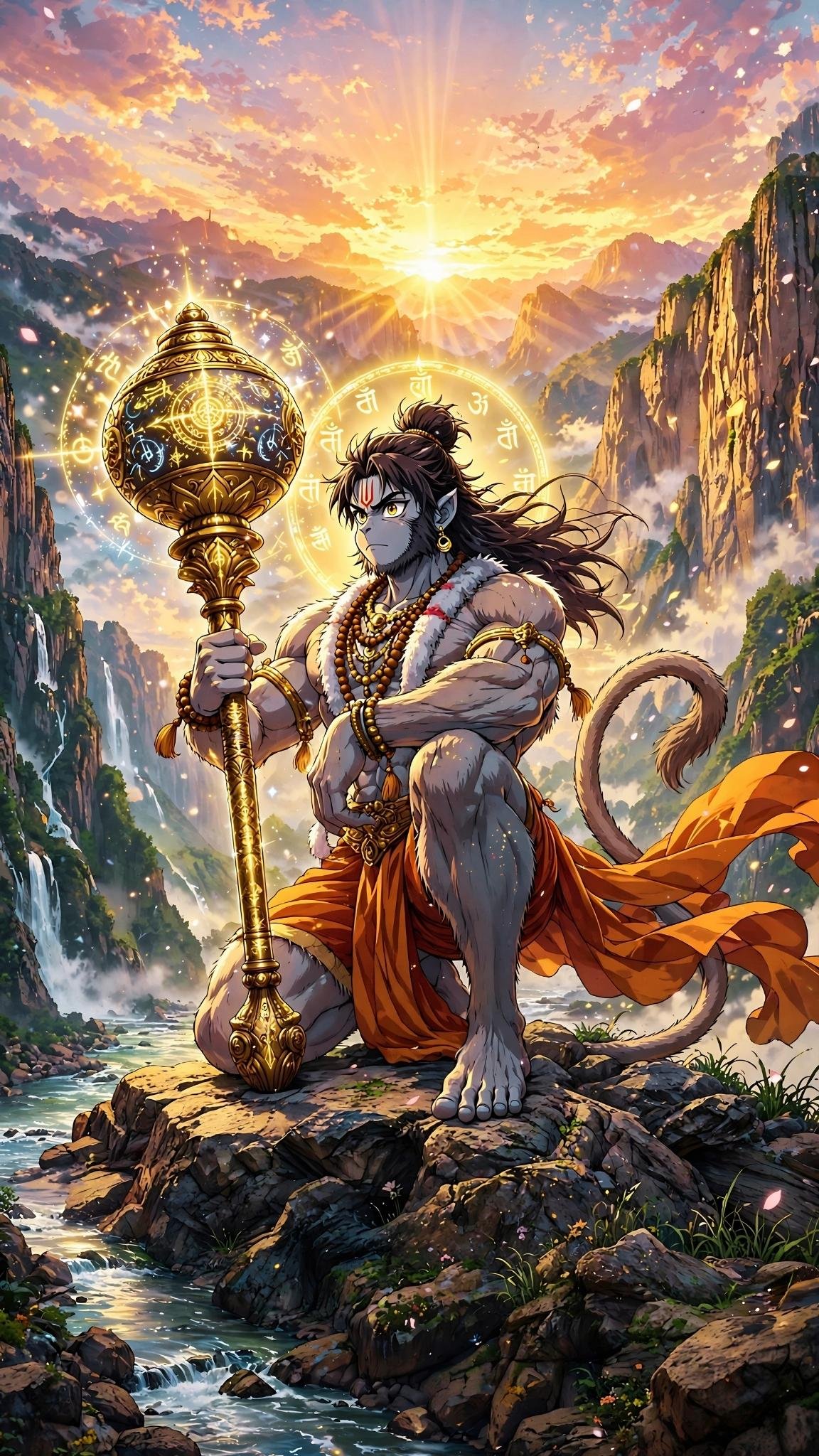Divine Lord Hanuman with Sacred Gada Wallpaper – Celestial Valley Sunrise HD